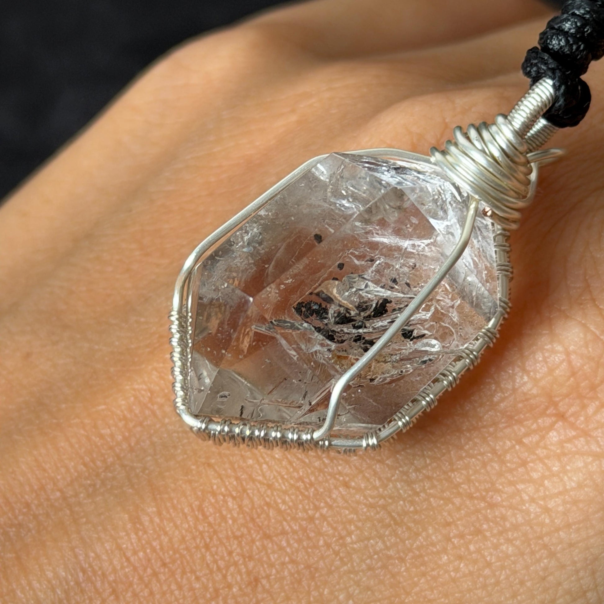 Rare Polished Enhydro Quartz (Herkimer Diamond) Wrapped Wire Pendant Adjustable Necklace | Moving Sand Waterfall | Natural Gemstone Birthstone Gift for her | Natural Gemstone Birthstone Gift for her | Rainbow Quartz Rainbow crystal enhydro quartz sand water-fall pendant necklace choker gemstone charm stone pendant choker polished stone pendant crystal charm birthstone gift for her men necklace chakra crystal purify stone minerals specimen adjustable choker silver wire wrapped pendant