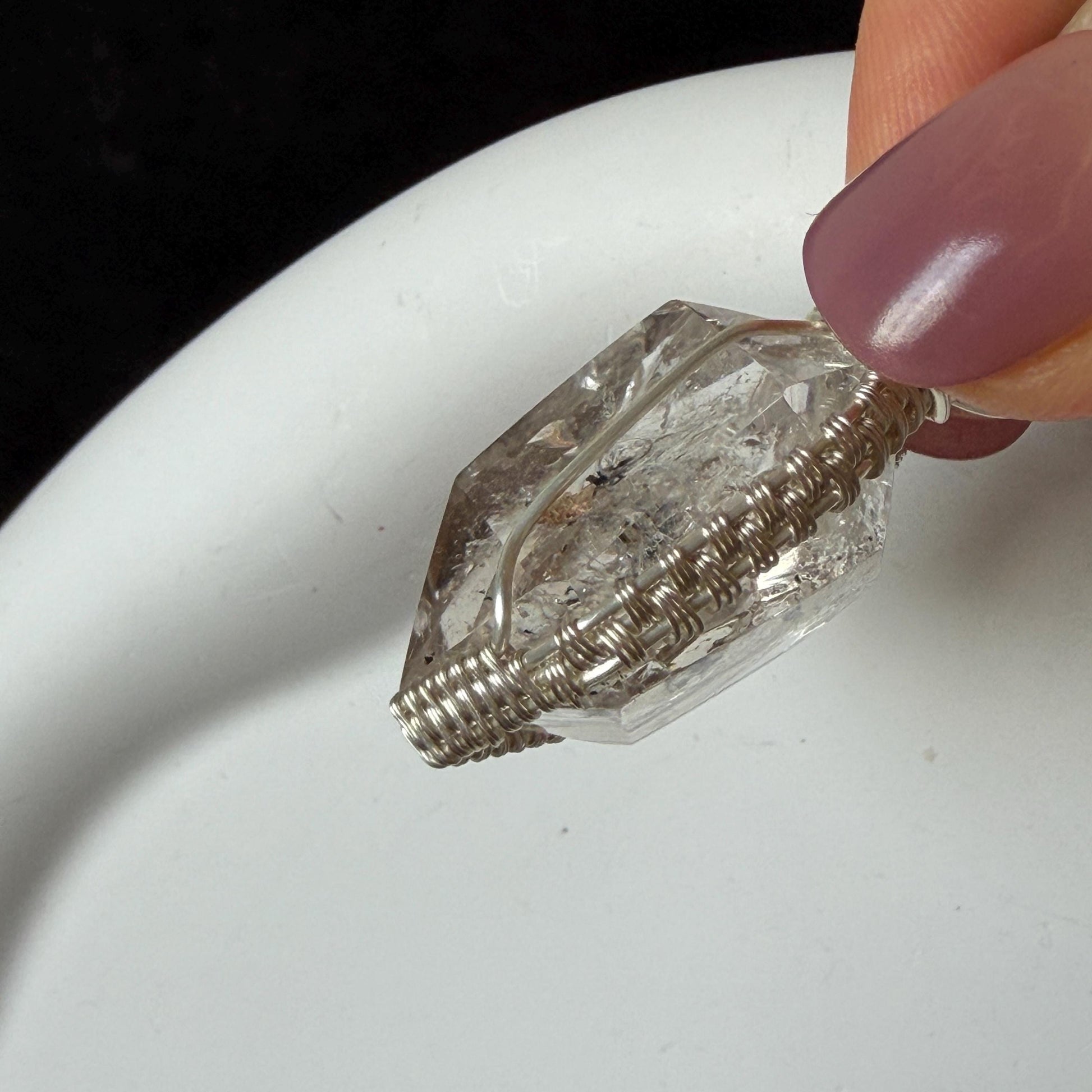 Rare Polished Enhydro Quartz (Herkimer Diamond) Wrapped Wire Pendant Adjustable Necklace | Moving Sand Waterfall | Natural Gemstone Birthstone Gift for her | Natural Gemstone Birthstone Gift for her | Rainbow Quartz Rainbow crystal enhydro quartz sand water-fall pendant necklace choker gemstone charm stone pendant choker polished stone pendant crystal charm birthstone gift for her men necklace chakra crystal purify stone minerals specimen adjustable choker silver wire wrapped pendant
