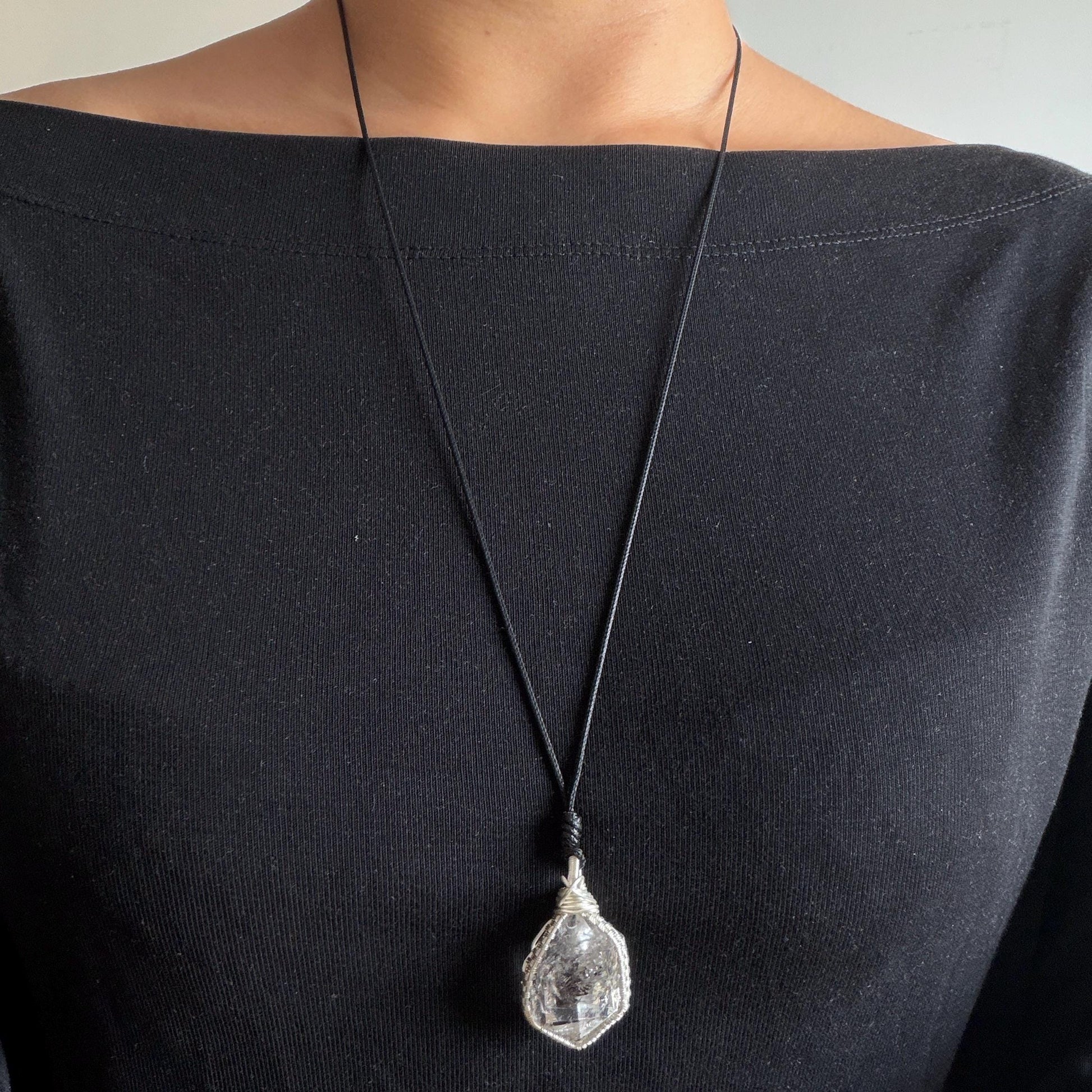 Rare Polished Enhydro Quartz (Herkimer Diamond) Wrapped Wire Pendant Adjustable Necklace | Moving Sand Waterfall | Natural Gemstone Birthstone Gift for her | Natural Gemstone Birthstone Gift for her | Rainbow Quartz Rainbow crystal enhydro quartz sand water-fall pendant necklace choker gemstone charm stone pendant choker polished stone pendant crystal charm birthstone gift for her men necklace chakra crystal purify stone minerals specimen adjustable choker silver wire wrapped pendant