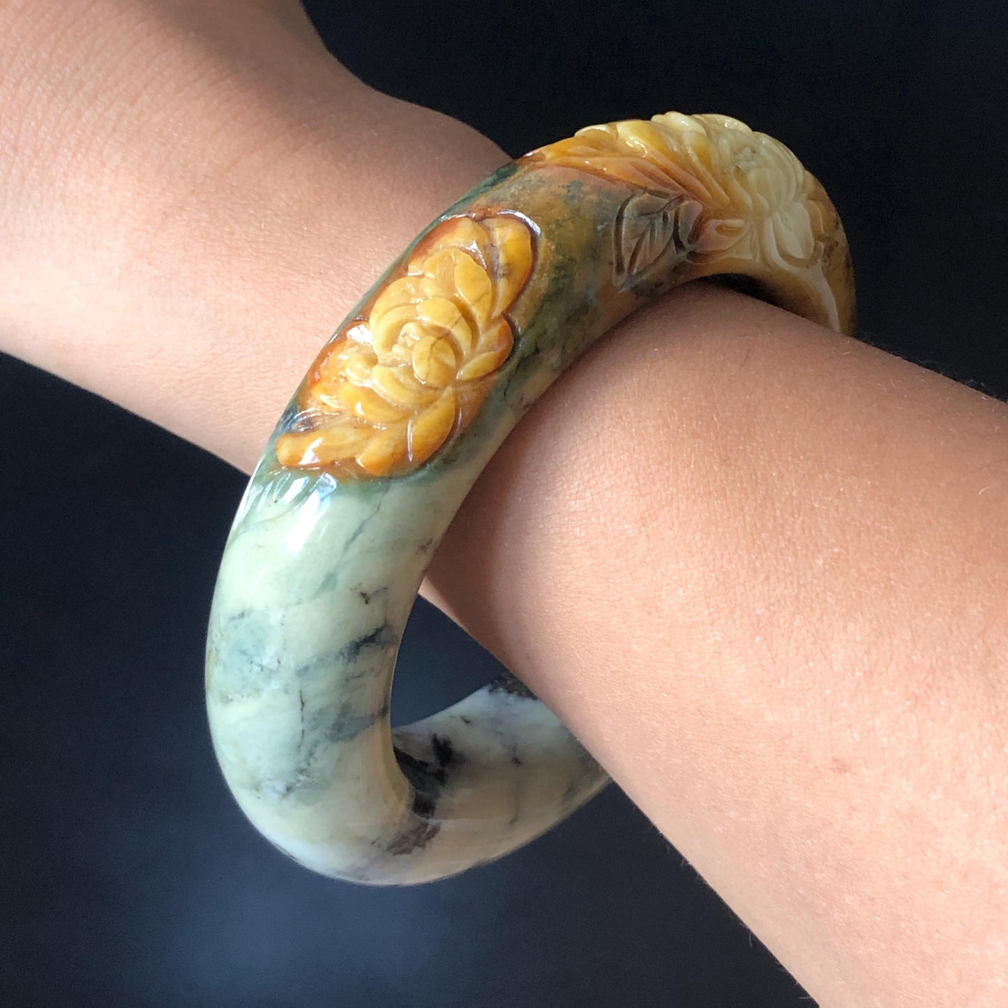 59mm Xiu Jade Serpentine Hand Carved Peony Flowers Bangle: Natural Yellow Green Jade Handcrafted Bracelet, Stone Carving Gemstone Jewelry Gift for her wide jade bangle jade carving hand engraved stone carving natural untreated jade bracelet green jade yellow jade brown jade handcraft jade peony carving flower carving chinese jade vintage bangle antique bracelet