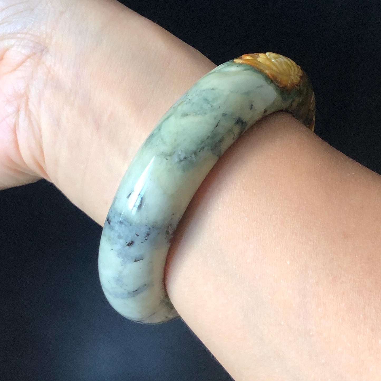 59mm Xiu Jade Serpentine Hand Carved Peony Flowers Bangle: Natural Yellow Green Jade Handcrafted Bracelet, Stone Carving Gemstone Jewelry Gift for her wide jade bangle jade carving hand engraved stone carving natural untreated jade bracelet green jade yellow jade brown jade handcraft jade peony carving flower carving chinese jade vintage bangle antique bracelet