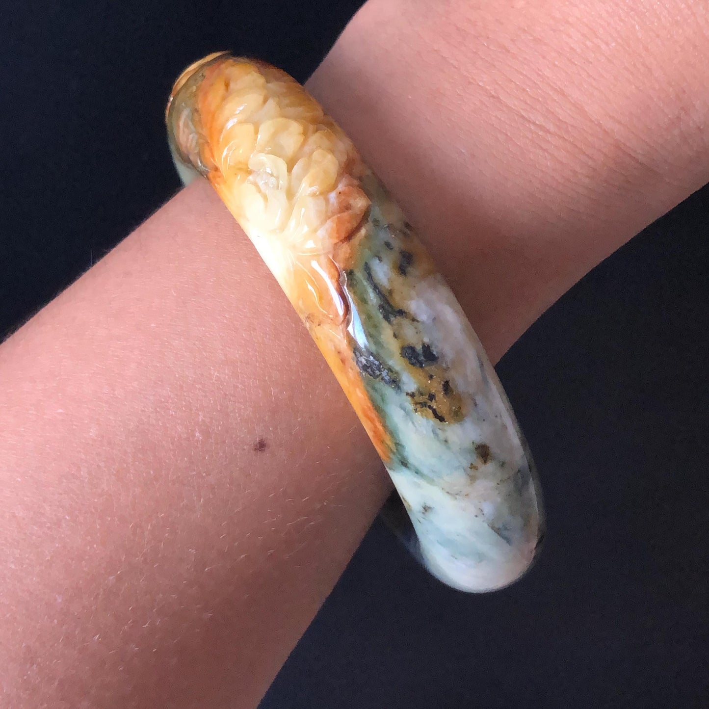 59mm Xiu Jade Serpentine Hand Carved Peony Flowers Bangle: Natural Yellow Green Jade Handcrafted Bracelet, Stone Carving Gemstone Jewelry Gift for her wide jade bangle jade carving hand engraved stone carving natural untreated jade bracelet green jade yellow jade brown jade handcraft jade peony carving flower carving chinese jade vintage bangle antique bracelet