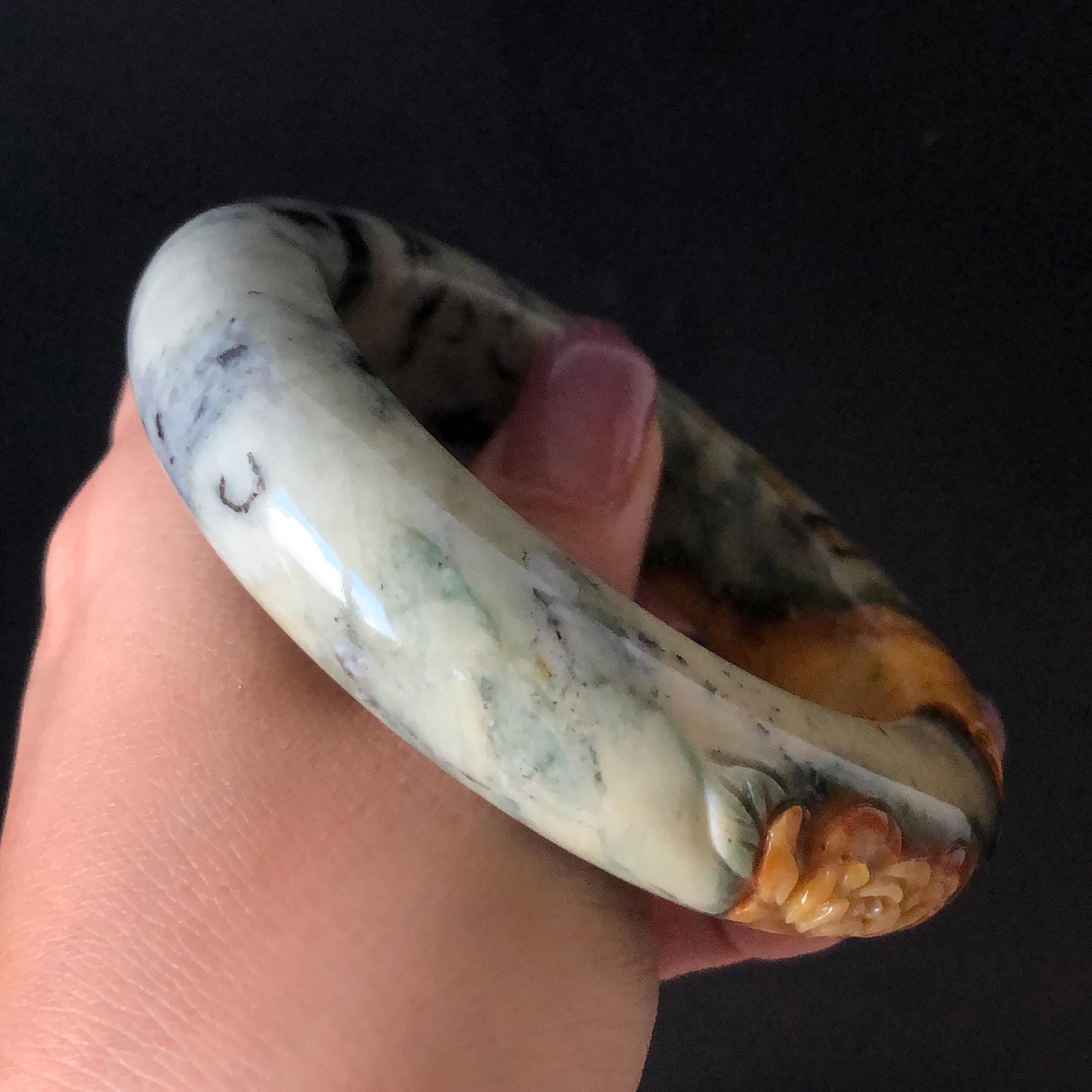 59mm Xiu Jade Serpentine Hand Carved Peony Flowers Bangle: Natural Yellow Green Jade Handcrafted Bracelet, Stone Carving Gemstone Jewelry Gift for her wide jade bangle jade carving hand engraved stone carving natural untreated jade bracelet green jade yellow jade brown jade handcraft jade peony carving flower carving chinese jade vintage bangle antique bracelet