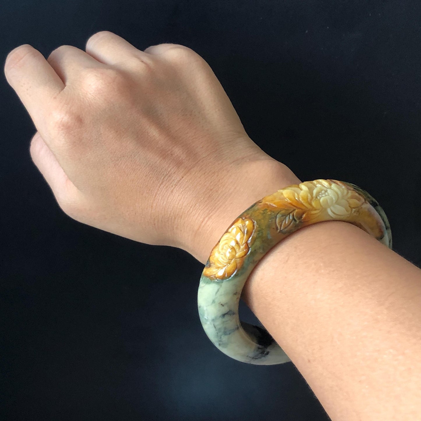 59mm Xiu Jade Serpentine Hand Carved Peony Flowers Bangle: Natural Yellow Green Jade Handcrafted Bracelet, Stone Carving Gemstone Jewelry Gift for her wide jade bangle jade carving hand engraved stone carving natural untreated jade bracelet green jade yellow jade brown jade handcraft jade peony carving flower carving chinese jade vintage bangle antique bracelet