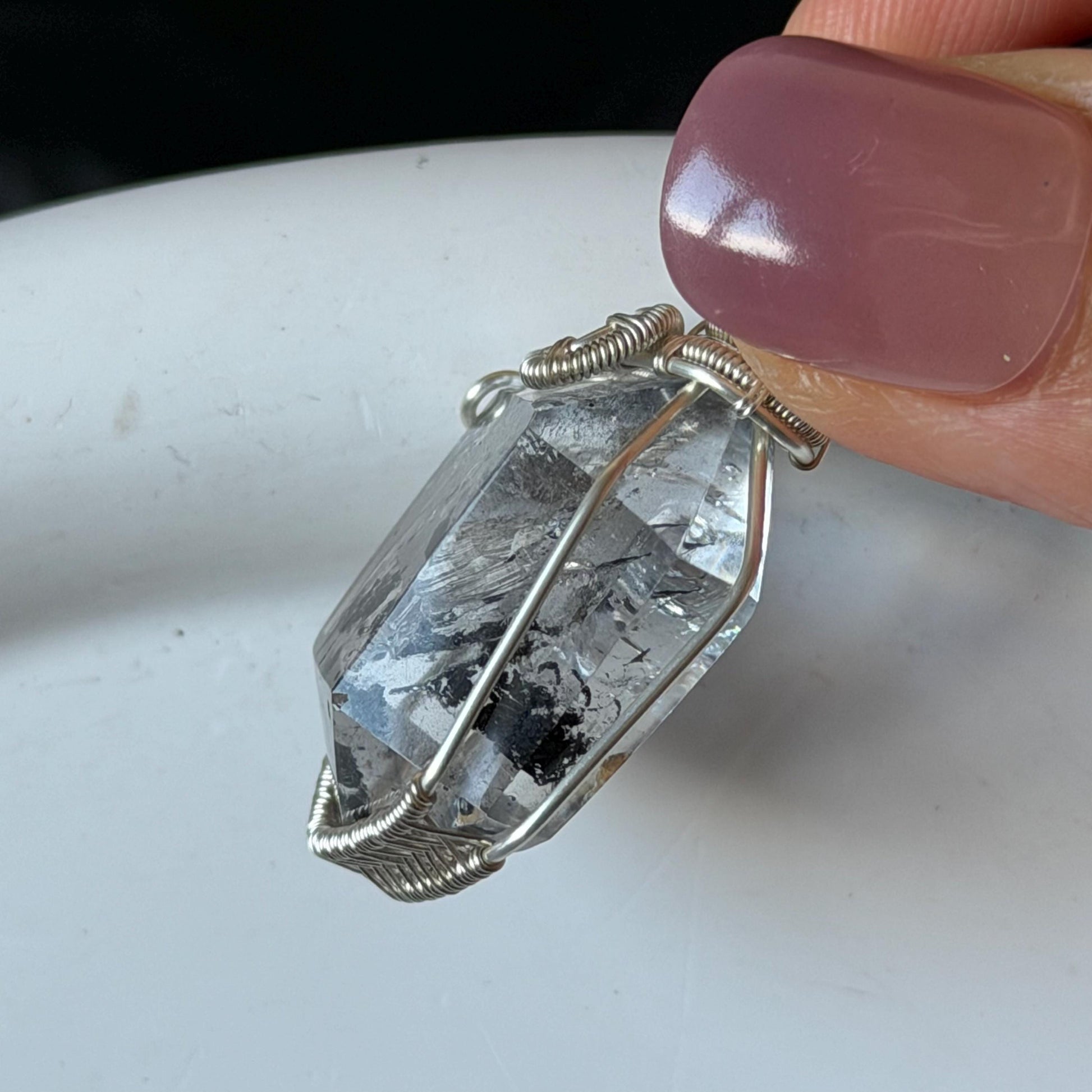 Rare Polished Enhydro Quartz (Herkimer Diamond) Wire Wrapped Pendant Adjustable Necklace: Sand Waterfall! Moving Sand & Black Bubble Inclusion Crystal | Natural Gemstone Birthstone Gift for her | Natural Gemstone Birthstone Gift for her enhydro quartz sand waterfall pendant necklace choker gemstone charm stone pendant choker polished stone pendant crystal charm birthstone men necklace chakra crystal purify stone minerals specimen adjustable choker mica quartz silver plated copper