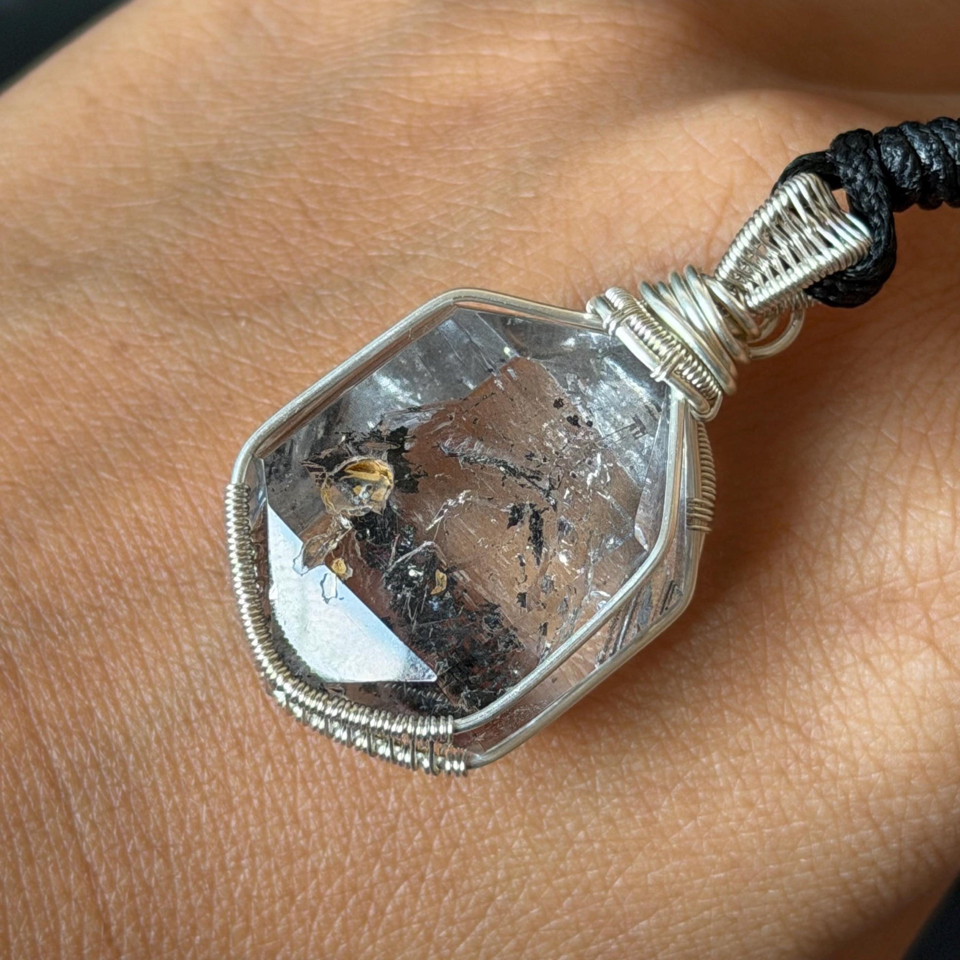 Rare Polished Enhydro Quartz (Herkimer Diamond) Wire Wrapped Pendant Adjustable Necklace: Sand Waterfall! Moving Sand & Black Bubble Inclusion Crystal | Natural Gemstone Birthstone Gift for her | Natural Gemstone Birthstone Gift for her enhydro quartz sand waterfall pendant necklace choker gemstone charm stone pendant choker polished stone pendant crystal charm birthstone men necklace chakra crystal purify stone minerals specimen adjustable choker mica quartz silver plated copper