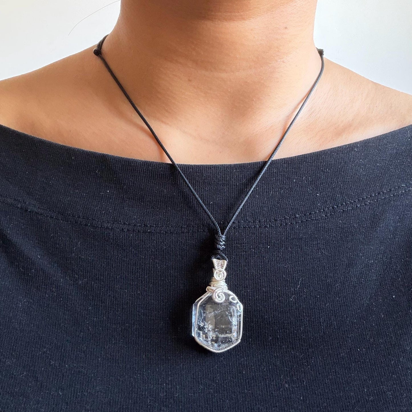 Rare Polished Enhydro Quartz (Herkimer Diamond) Wire Wrapped Pendant Adjustable Necklace: Sand Waterfall! Moving Sand & Black Bubble Inclusion Crystal | Natural Gemstone Birthstone Gift for her | Natural Gemstone Birthstone Gift for her enhydro quartz sand waterfall pendant necklace choker gemstone charm stone pendant choker polished stone pendant crystal charm birthstone men necklace chakra crystal purify stone minerals specimen adjustable choker mica quartz silver plated copper