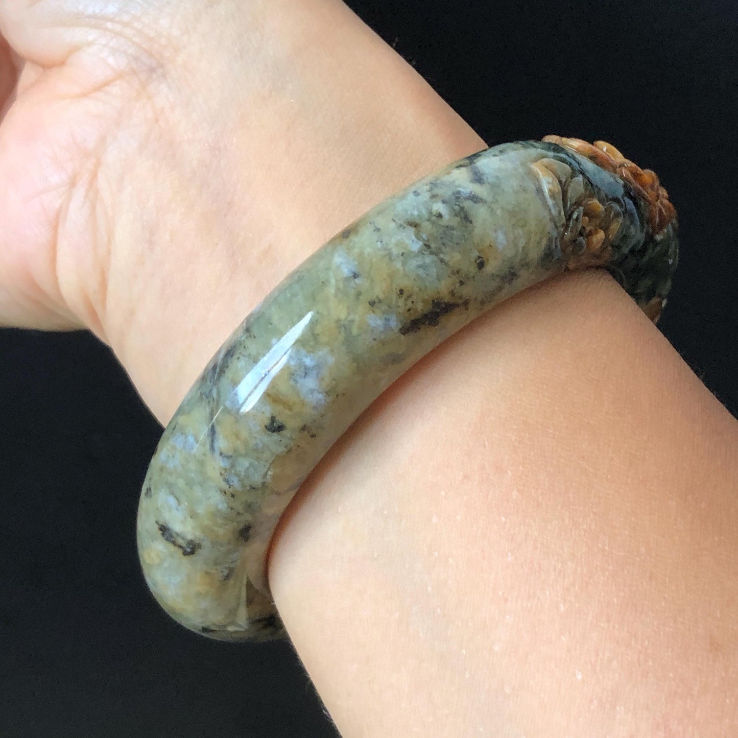 58.7mm Xiu Jade Serpentine Hand Carved Peony Flowers Bangle: Natural Brown Green Jade Handcrafted Bracelet, Stone Carving Gemstone Jewelry Gift for her wide jade bangle jade carving hand engraved stone carving natural untreated jade bracelet green jade yellow jade brown jade handcraft jade peony carving flower carving chinese jade vintage bangle antique bracelet