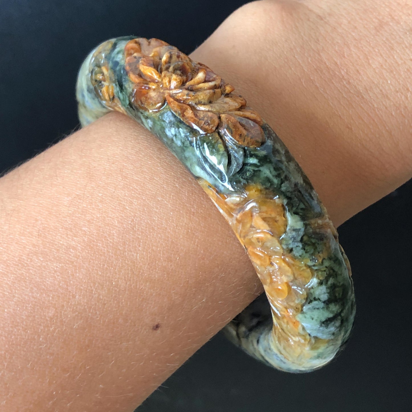 58.7mm Xiu Jade Serpentine Hand Carved Peony Flowers Bangle: Natural Brown Green Jade Handcrafted Bracelet, Stone Carving Gemstone Jewelry Gift for her wide jade bangle jade carving hand engraved stone carving natural untreated jade bracelet green jade yellow jade brown jade handcraft jade peony carving flower carving chinese jade vintage bangle antique bracelet