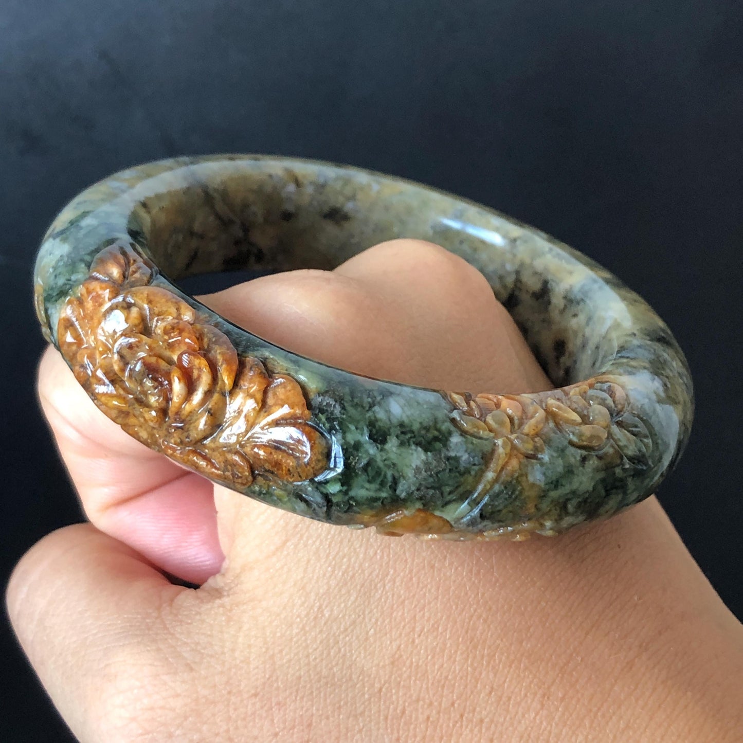 58.7mm Xiu Jade Serpentine Hand Carved Peony Flowers Bangle: Natural Brown Green Jade Handcrafted Bracelet, Stone Carving Gemstone Jewelry Gift for her wide jade bangle jade carving hand engraved stone carving natural untreated jade bracelet green jade yellow jade brown jade handcraft jade peony carving flower carving chinese jade vintage bangle antique bracelet