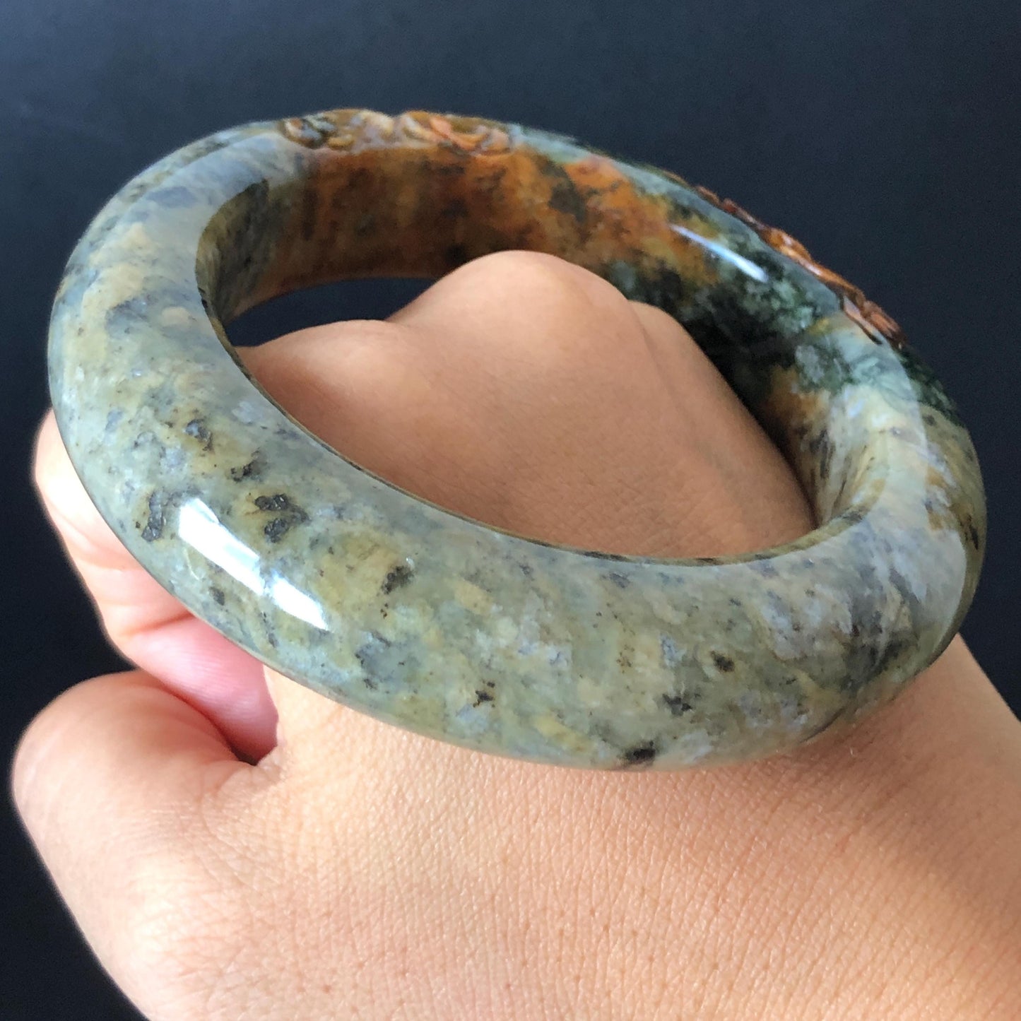 58.7mm Xiu Jade Serpentine Hand Carved Peony Flowers Bangle: Natural Brown Green Jade Handcrafted Bracelet, Stone Carving Gemstone Jewelry Gift for her wide jade bangle jade carving hand engraved stone carving natural untreated jade bracelet green jade yellow jade brown jade handcraft jade peony carving flower carving chinese jade vintage bangle antique bracelet