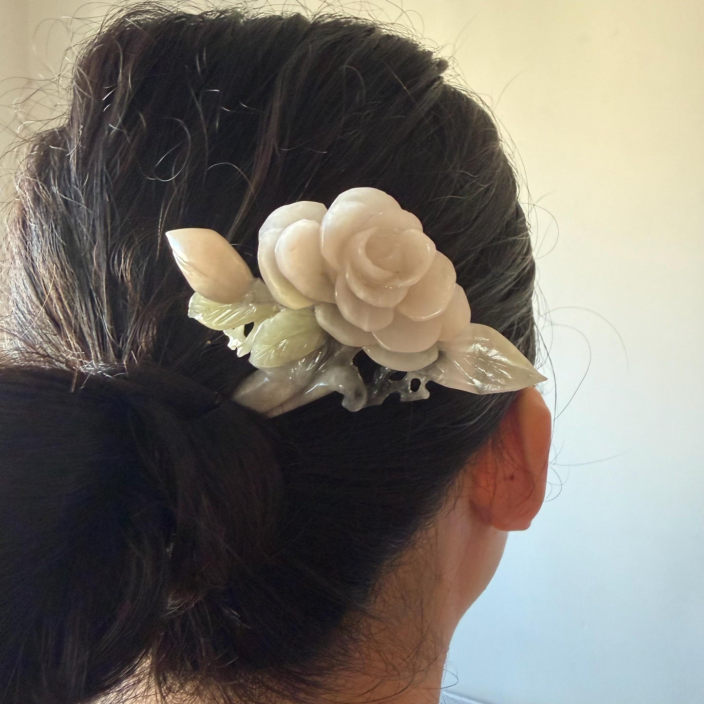 Xiu Jade Serpentine Hand Carved Pink Camellia Flower Hair Pin: Natural Pink & Green Jade Handcrafted Hair Stick | Asian Vintage Hair Fork | Gift for her hand engraved peony carving flower carving pink jade green jade carving chinese hair fork japanese hair stick korean hair pin vintage hair comb bridal hair clip wedding headpiece bridal shower gift hairpins 3D carving natural untreated jade engagement hair jewelry handcrafted jade antique jade hair stick