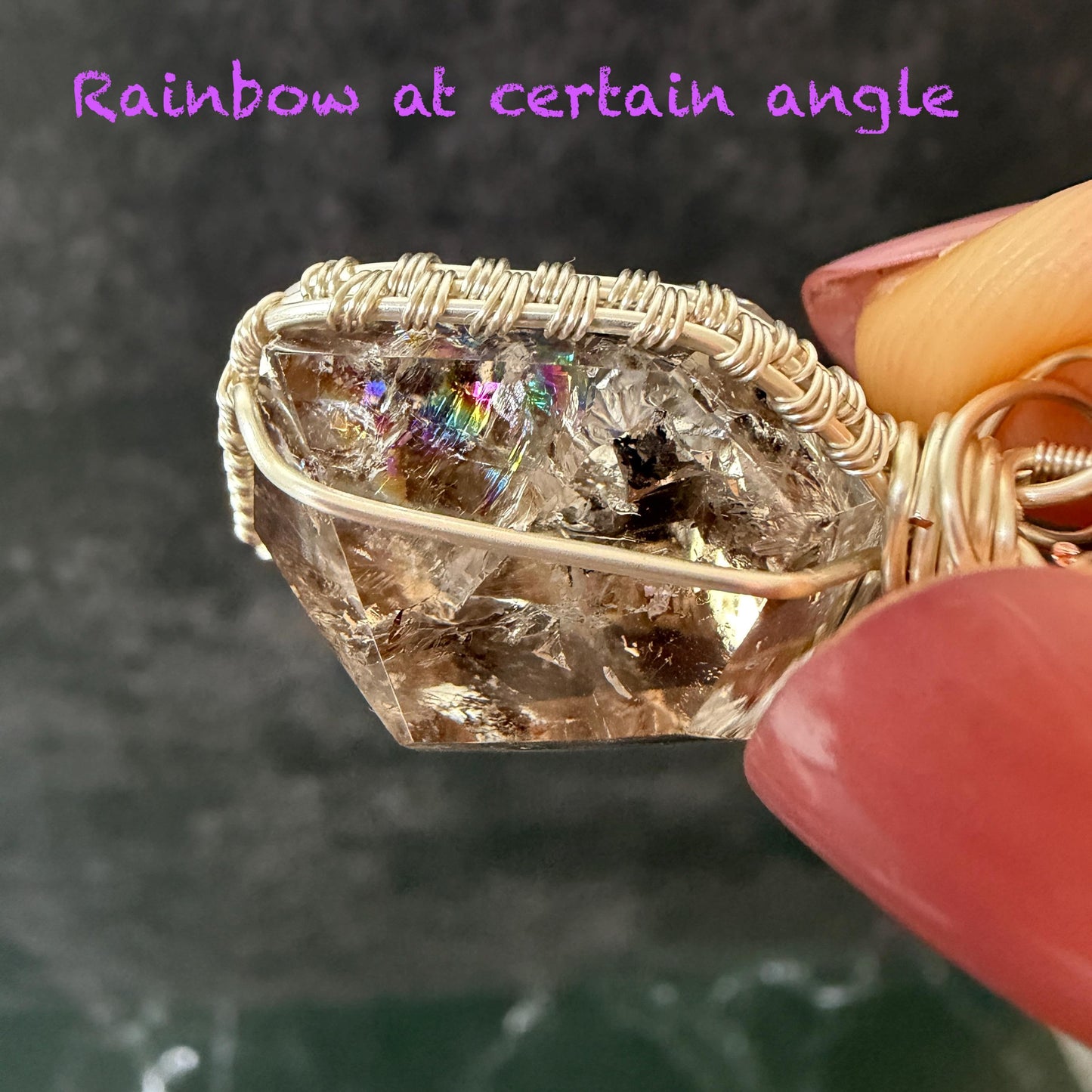 Rare Polished Smoky Enhydro Quartz (Herkimer Diamond) Wire Wrapped Pendant Adjustable Necklace:  Rainbow! Moving Sand charm| Natural Gemstone Birthstone Gift for her  | Natural Gemstone Birthstone Gift for her | Rainbow Quartz Rainbow crystal enhydro quartz sand water-fall pendant necklace choker gemstone charm stone pendant choker polished stone pendant crystal charm birthstone gift for her men necklace chakra crystal purify stone minerals specimen adjustable choker silver wire wrapped pendant