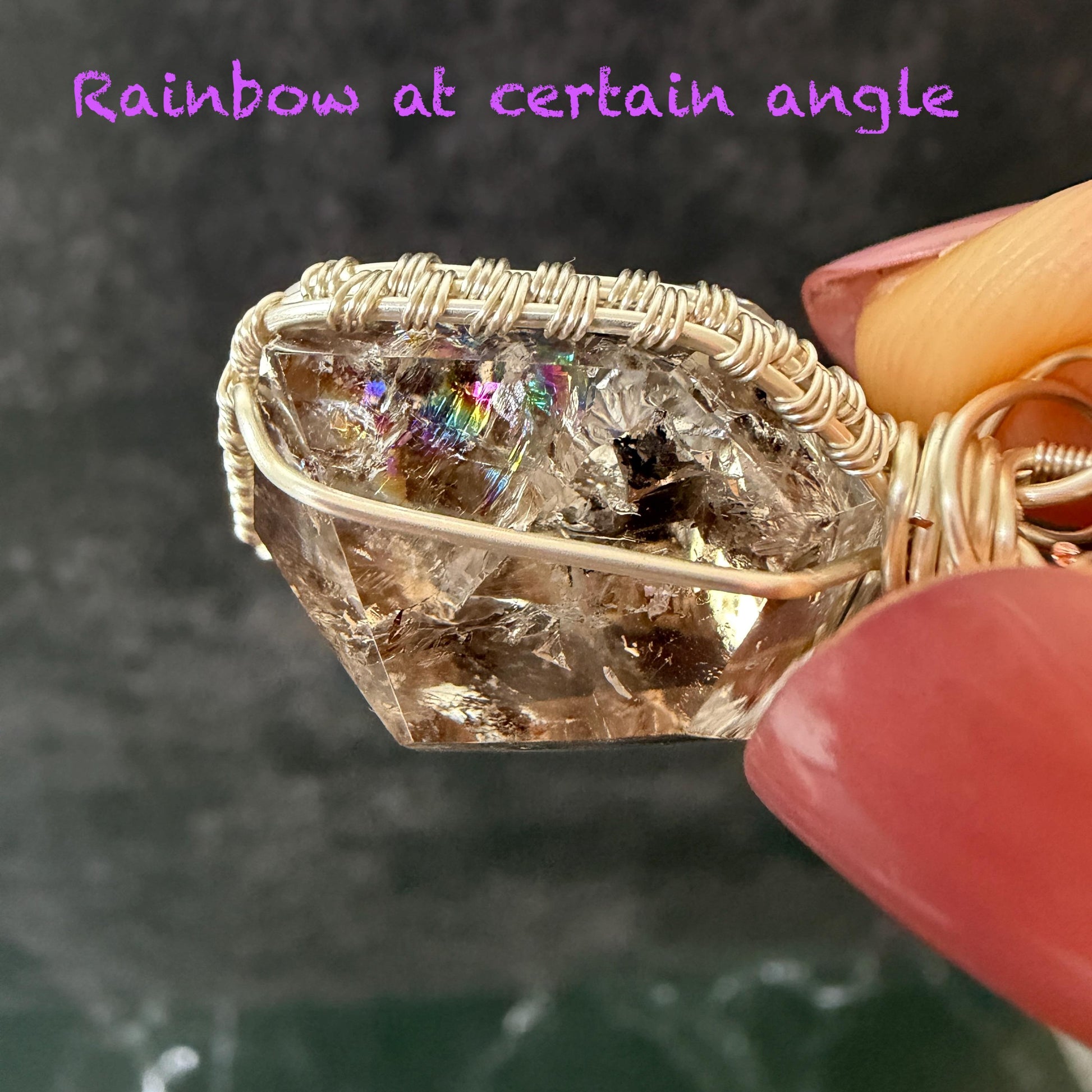Rare Polished Smoky Enhydro Quartz (Herkimer Diamond) Wire Wrapped Pendant Adjustable Necklace:  Rainbow! Moving Sand charm| Natural Gemstone Birthstone Gift for her  | Natural Gemstone Birthstone Gift for her | Rainbow Quartz Rainbow crystal enhydro quartz sand water-fall pendant necklace choker gemstone charm stone pendant choker polished stone pendant crystal charm birthstone gift for her men necklace chakra crystal purify stone minerals specimen adjustable choker silver wire wrapped pendant