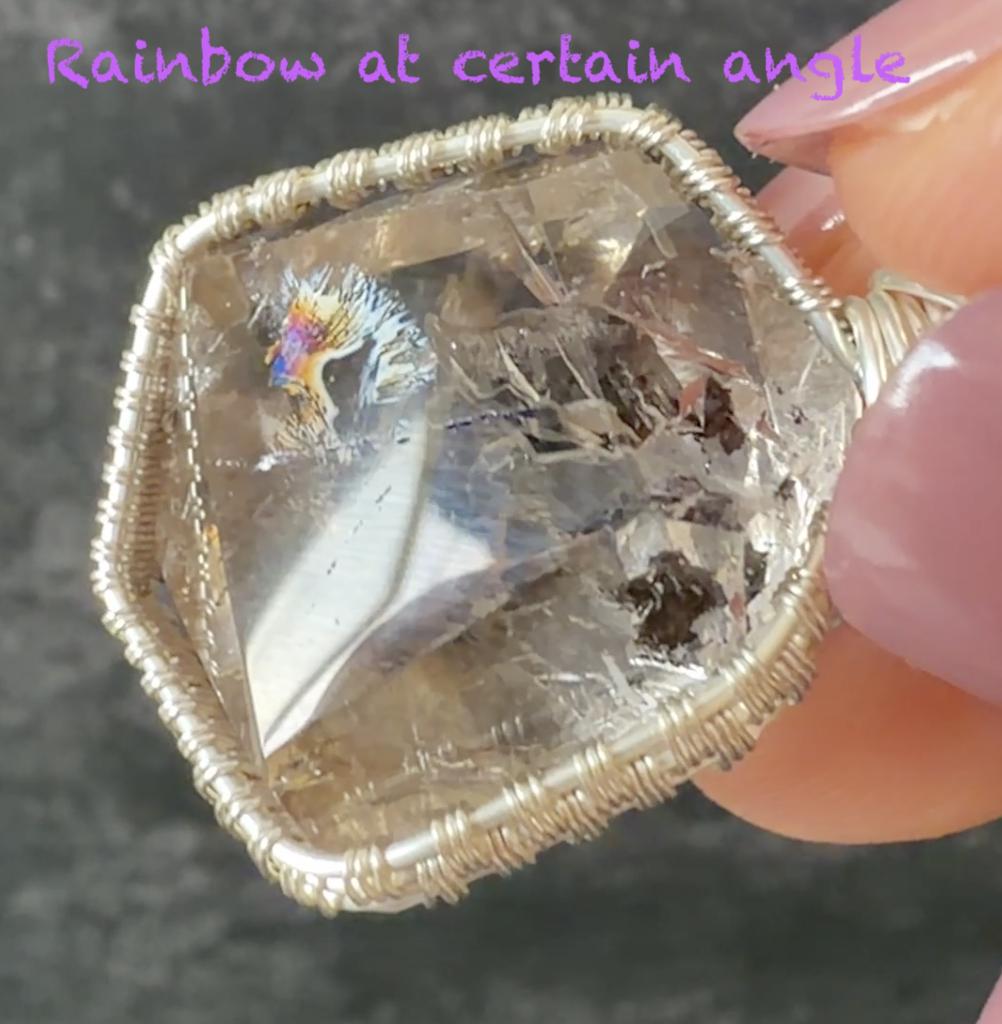 Rare Polished Smoky Enhydro Quartz (Herkimer Diamond) Wire Wrapped Pendant Adjustable Necklace:  Rainbow! Moving Sand charm| Natural Gemstone Birthstone Gift for her  | Natural Gemstone Birthstone Gift for her | Rainbow Quartz Rainbow crystal enhydro quartz sand water-fall pendant necklace choker gemstone charm stone pendant choker polished stone pendant crystal charm birthstone gift for her men necklace chakra crystal purify stone minerals specimen adjustable choker silver wire wrapped pendant