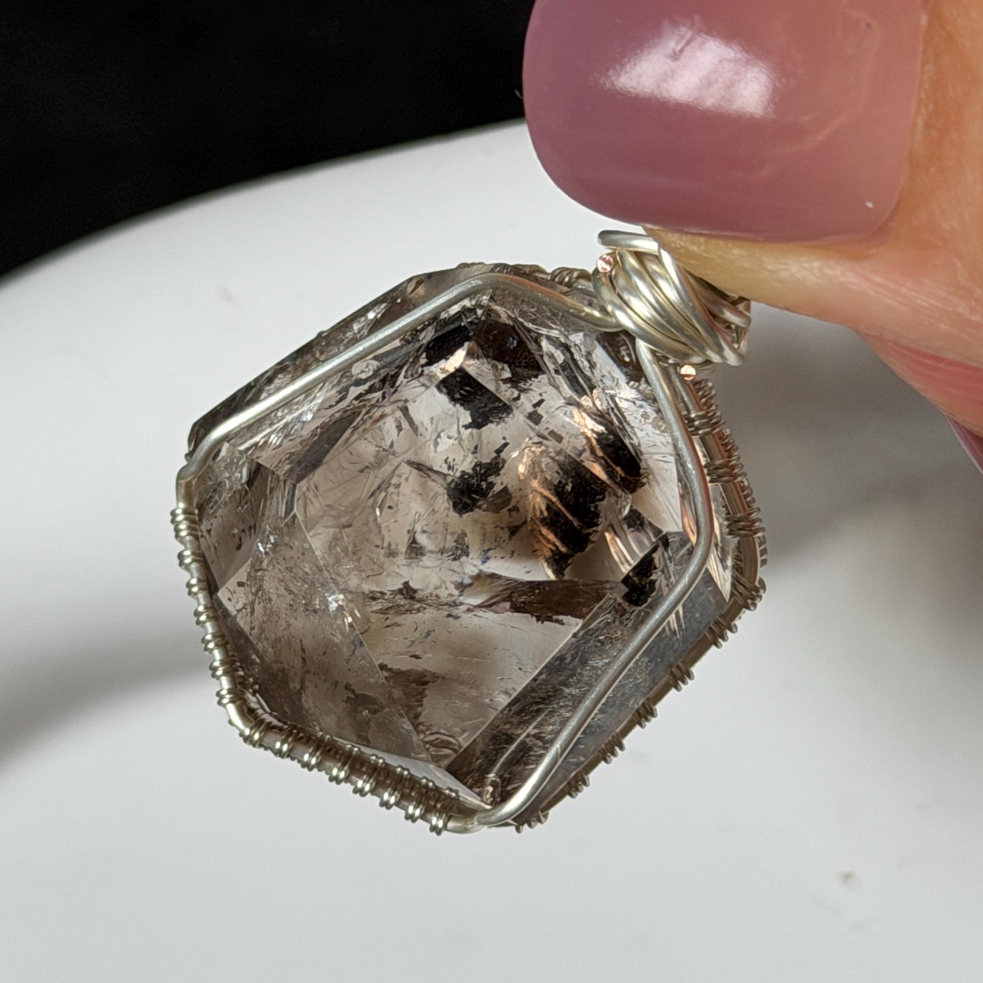 Rare Polished Smoky Enhydro Quartz (Herkimer Diamond) Wire Wrapped Pendant Adjustable Necklace:  Rainbow! Moving Sand charm| Natural Gemstone Birthstone Gift for her  | Natural Gemstone Birthstone Gift for her | Rainbow Quartz Rainbow crystal enhydro quartz sand water-fall pendant necklace choker gemstone charm stone pendant choker polished stone pendant crystal charm birthstone gift for her men necklace chakra crystal purify stone minerals specimen adjustable choker silver wire wrapped pendant