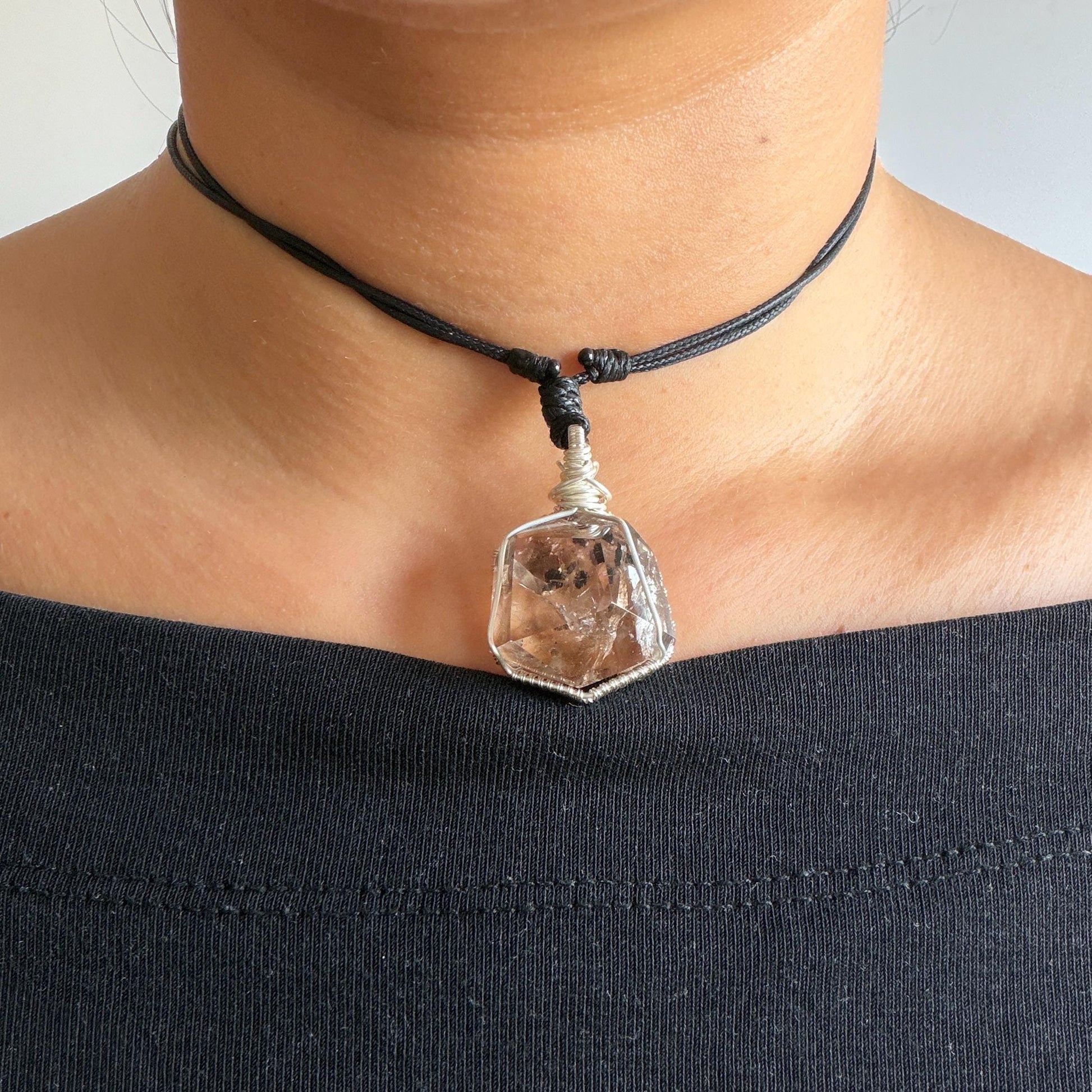 Rare Polished Smoky Enhydro Quartz (Herkimer Diamond) Wire Wrapped Pendant Adjustable Necklace:  Rainbow! Moving Sand charm| Natural Gemstone Birthstone Gift for her  | Natural Gemstone Birthstone Gift for her | Rainbow Quartz Rainbow crystal enhydro quartz sand water-fall pendant necklace choker gemstone charm stone pendant choker polished stone pendant crystal charm birthstone gift for her men necklace chakra crystal purify stone minerals specimen adjustable choker silver wire wrapped pendant
