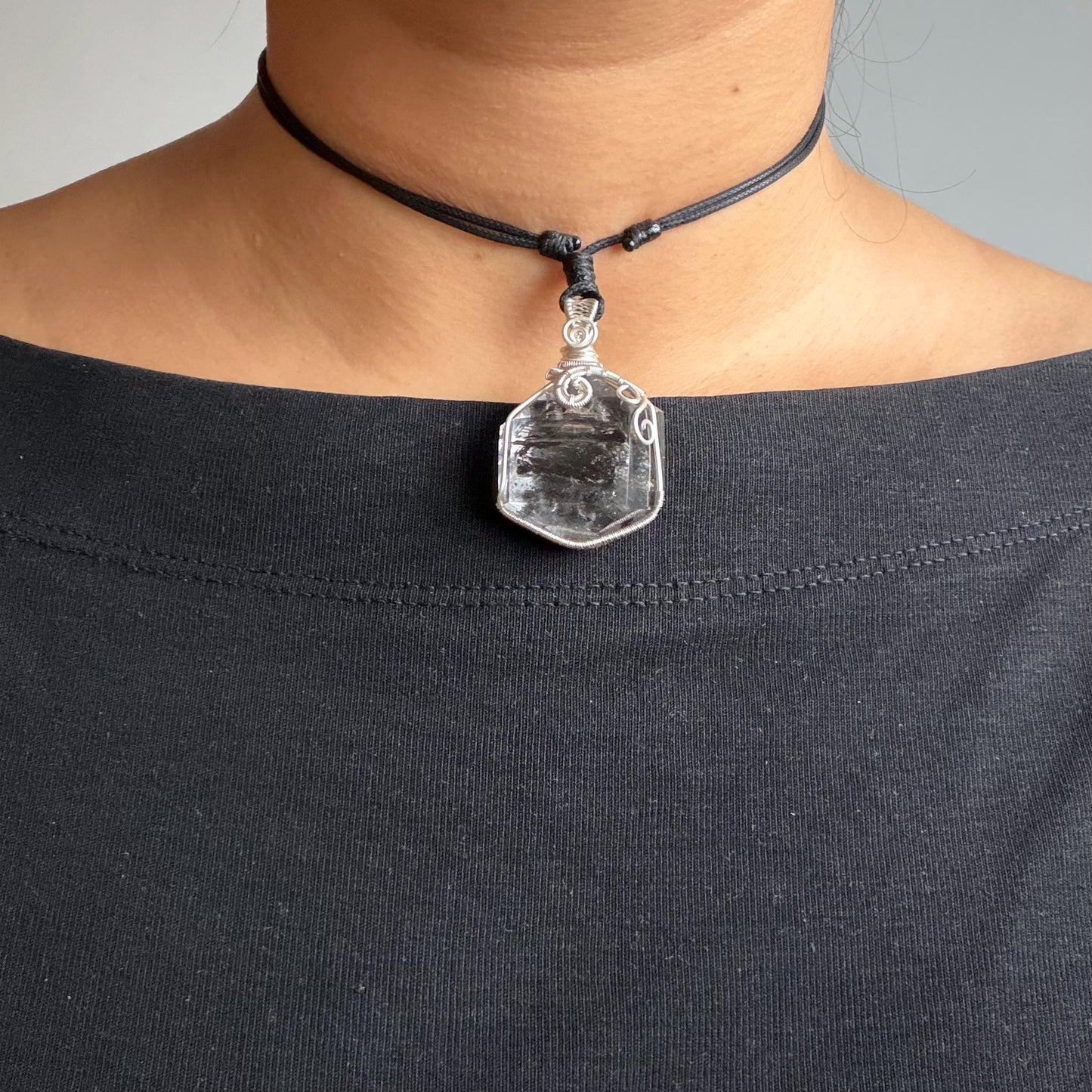 Polished Enhydro Quartz (Herkimer Diamond) Wire Wrapped Pendant Adjustable Necklace: Sand Waterfall! Moving Sand & 2 Big Clear Bubble Inclusion Crystal | Natural Gemstone Birthstone Gift for her enhydro quartz sand water-fall pendant necklace choker gemstone charm stone pendant choker polished stone pendant crystal charm birthstone gift for her men necklace chakra crystal purify stone minerals specimen adjustable choker mica quartz mica flakes silver wire wrapped pendant