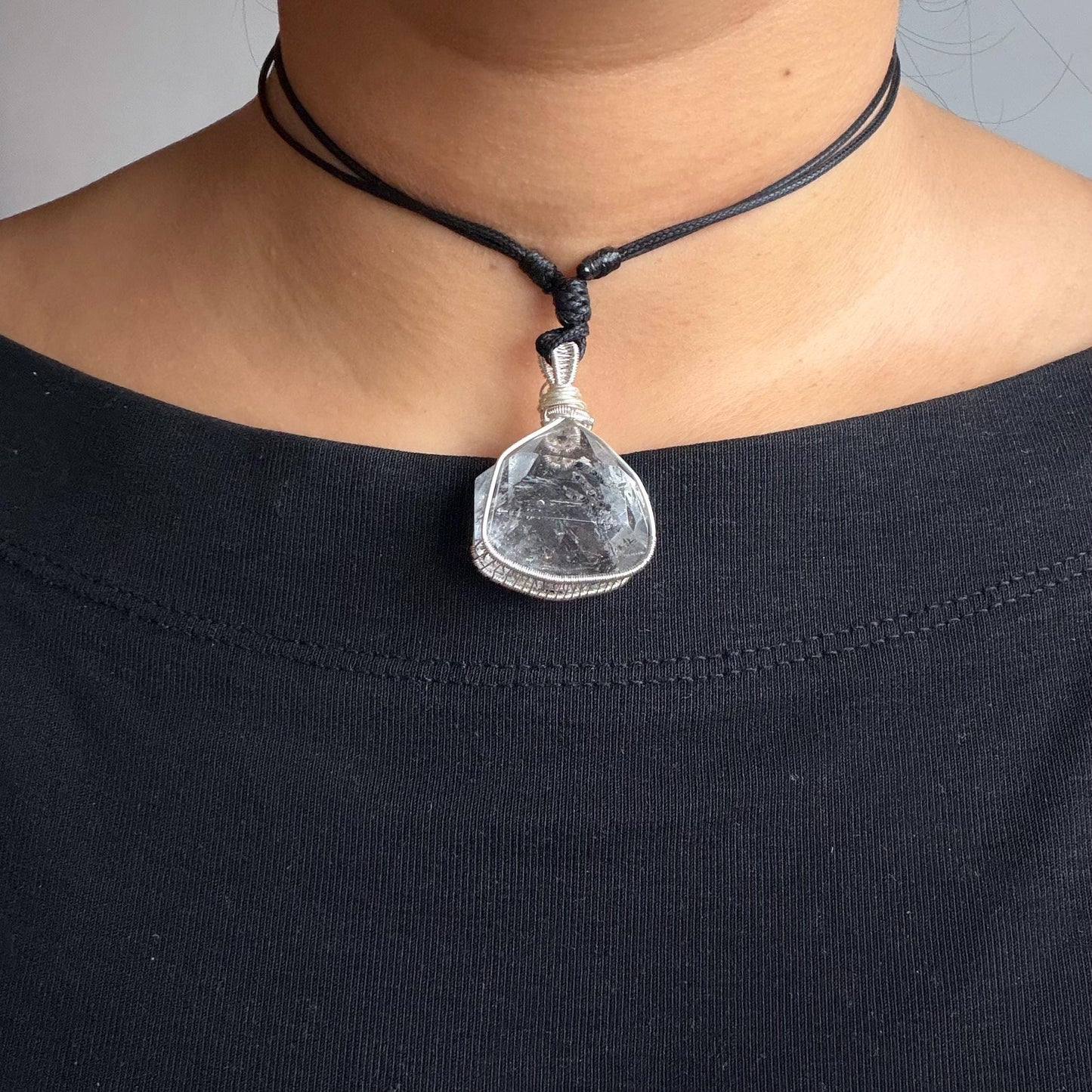 Rare Polished Enhydro Quartz (Herkimer Diamond) Wire Wrapped Pendant Adjustable Necklace: Sand Waterfall! Moving Sand & Mica, Clear Bubble Inclusion Crystal | Natural Gemstone Birthstone Gift for her enhydro quartz sand water-fall pendant necklace choker gemstone charm stone pendant choker polished stone pendant crystal charm birthstone gift for her men necklace chakra crystal purify stone minerals specimen adjustable choker mica quartz mica flakes silver wire wrapped pendant