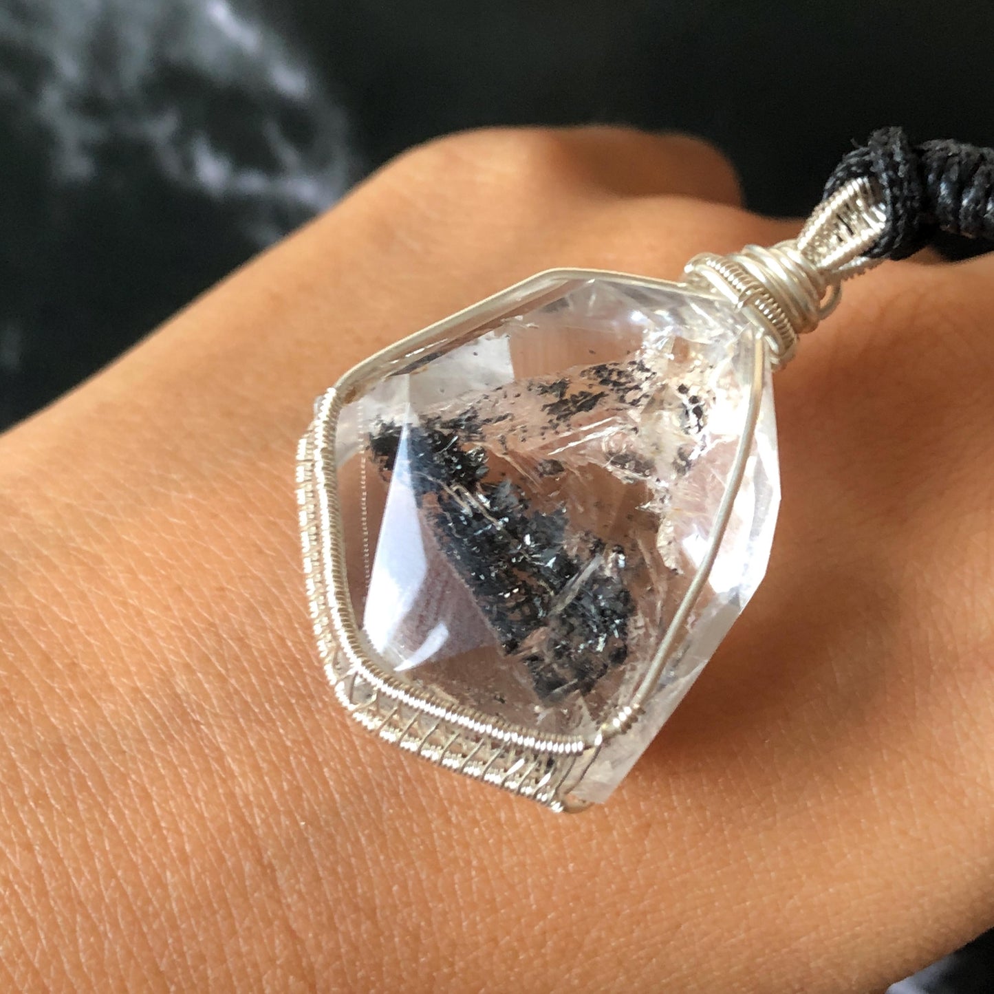 Rare Polished Enhydro Quartz (Herkimer Diamond) Wire Wrapped Pendant Adjustable Necklace: Sand Waterfall! Moving Sand & Clear Bubble Inclusion Crystal | Natural Gemstone Birthstone Gift for her enhydro quartz sand water-fall pendant necklace choker gemstone charm stone pendant choker polished stone pendant crystal charm birthstone gift for her men necklace chakra crystal purify stone minerals specimen adjustable choker mica quartz mica flakes silver wire wrapped pendant