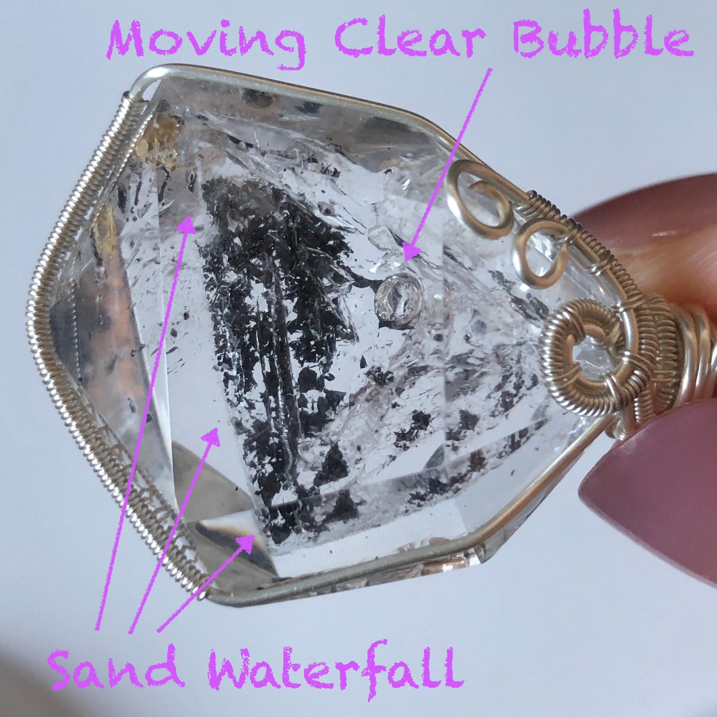 Rare Polished Enhydro Quartz (Herkimer Diamond) Wire Wrapped Pendant Adjustable Necklace: Sand Waterfall! Moving Sand & Clear Bubble Inclusion Crystal | Natural Gemstone Birthstone Gift for her enhydro quartz sand water-fall pendant necklace choker gemstone charm stone pendant choker polished stone pendant crystal charm birthstone gift for her men necklace chakra crystal purify stone minerals specimen adjustable choker mica quartz mica flakes silver wire wrapped pendant