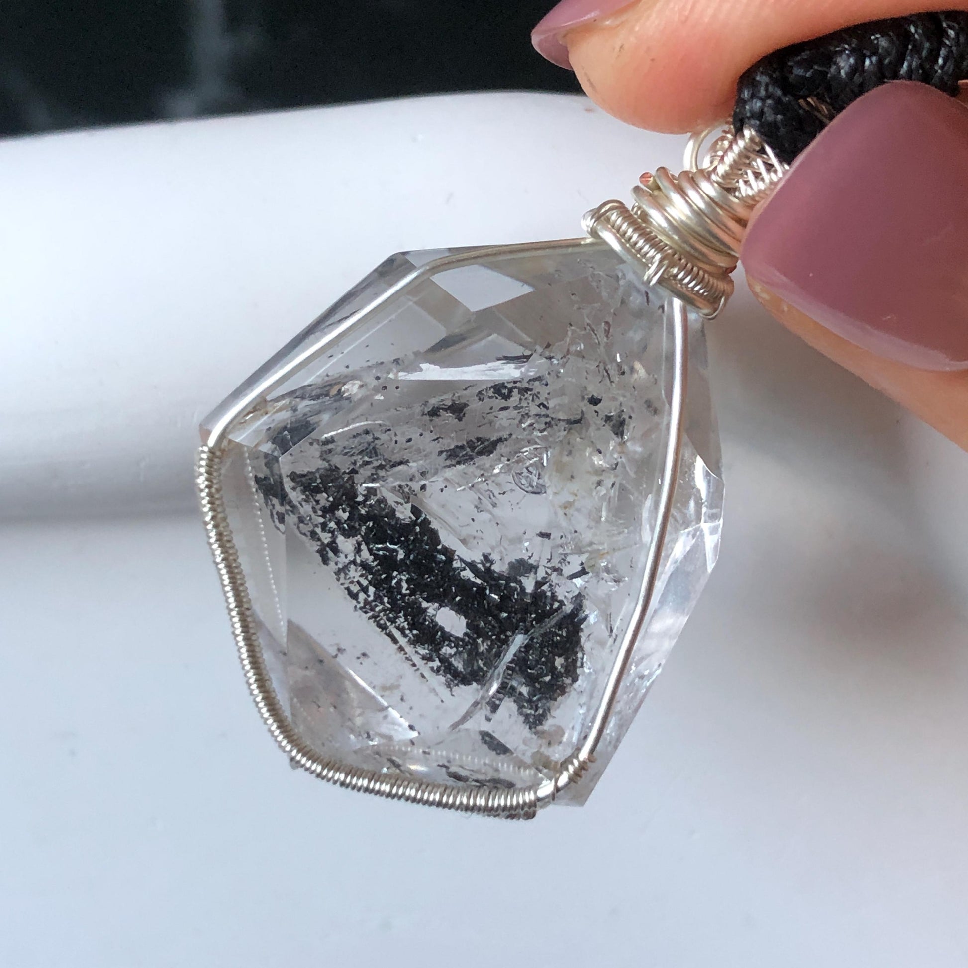 Rare Polished Enhydro Quartz (Herkimer Diamond) Wire Wrapped Pendant Adjustable Necklace: Sand Waterfall! Moving Sand & Clear Bubble Inclusion Crystal | Natural Gemstone Birthstone Gift for her enhydro quartz sand water-fall pendant necklace choker gemstone charm stone pendant choker polished stone pendant crystal charm birthstone gift for her men necklace chakra crystal purify stone minerals specimen adjustable choker mica quartz mica flakes silver wire wrapped pendant