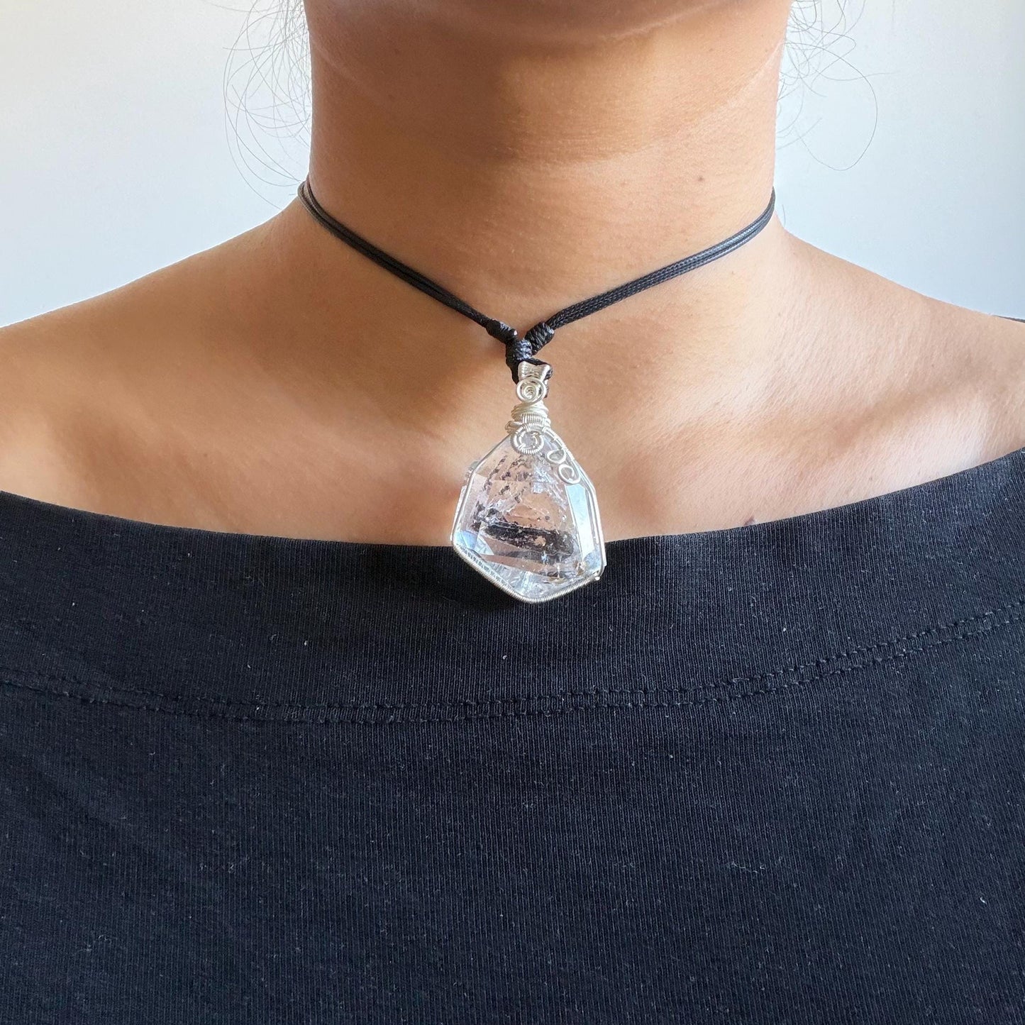 Rare Polished Enhydro Quartz (Herkimer Diamond) Wire Wrapped Pendant Adjustable Necklace: Sand Waterfall! Moving Sand & Clear Bubble Inclusion Crystal | Natural Gemstone Birthstone Gift for her enhydro quartz sand water-fall pendant necklace choker gemstone charm stone pendant choker polished stone pendant crystal charm birthstone gift for her men necklace chakra crystal purify stone minerals specimen adjustable choker mica quartz mica flakes silver wire wrapped pendant