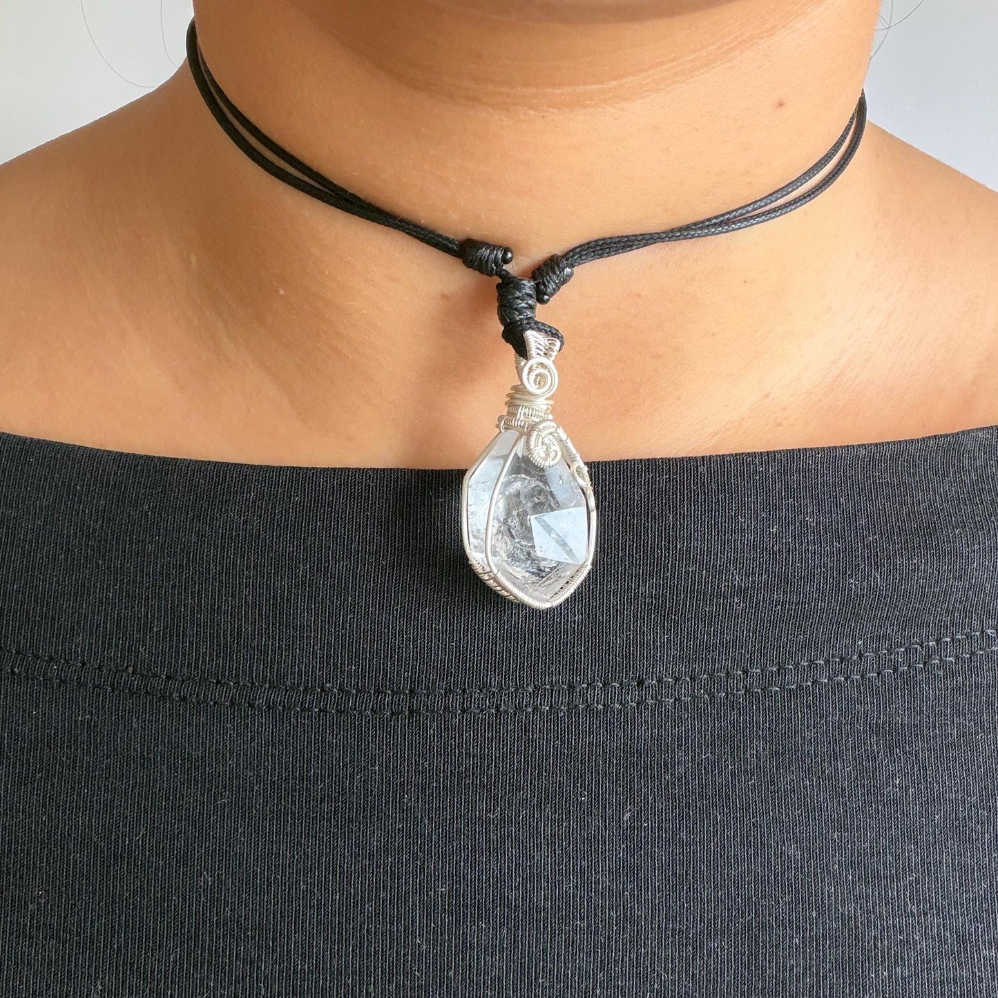 Rare Polished Enhydro Quartz (Herkimer Diamond) Mini Wire Wrapped Pendant Adjustable Necklace | Moving Sand & Black Bubble Inclusion Crystal | Natural Gemstone Birthstone Gift for her enhydro quartz sand water-fall pendant necklace choker gemstone charm stone pendant choker polished stone pendant crystal charm birthstone gift for her men necklace chakra crystal purify stone minerals specimen adjustable choker mica quartz mica flakes silver wire wrapped pendant