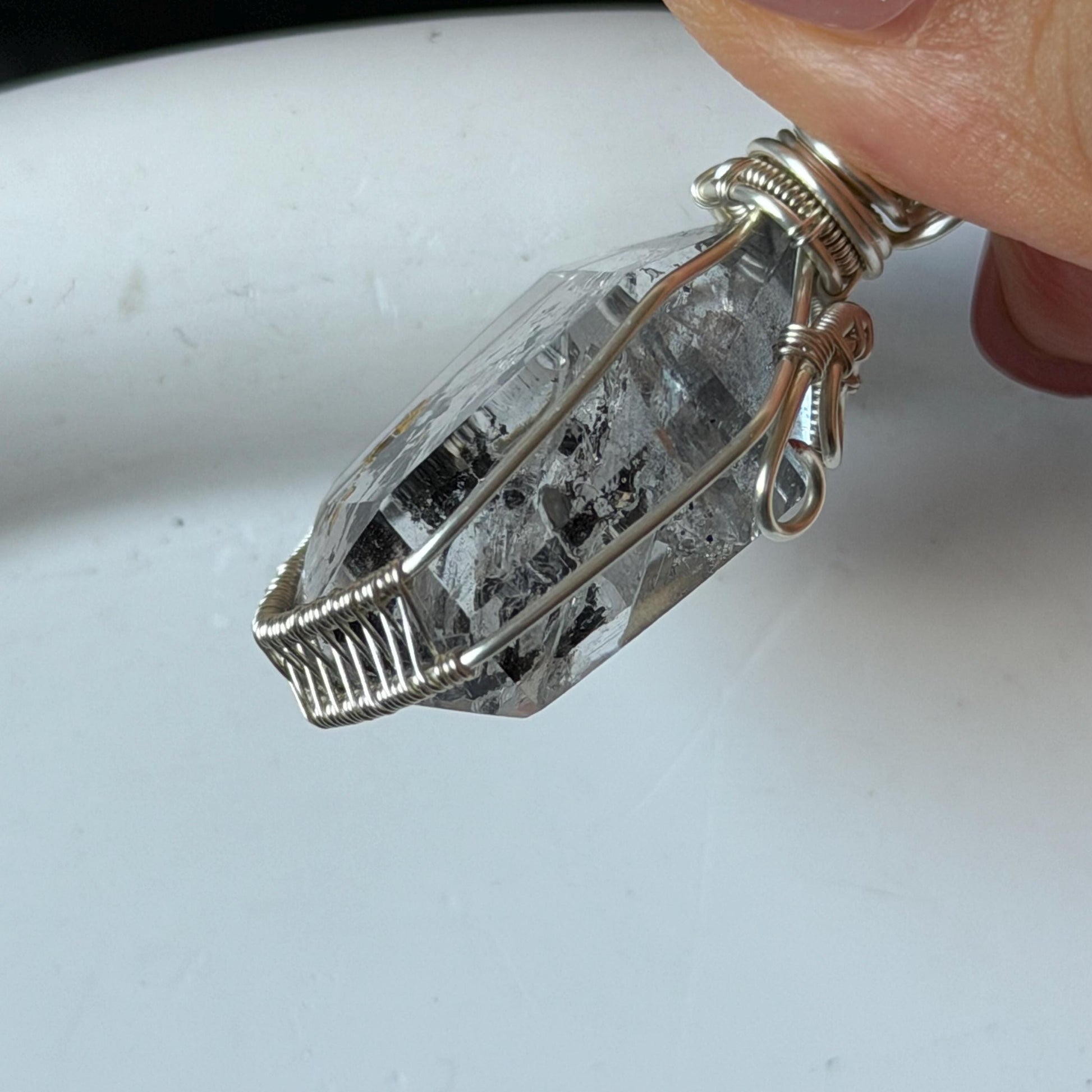 Rare Polished Enhydro Quartz (Herkimer Diamond) Wire Wrapped Pendant Adjustable Necklace: Sand Waterfall! Moving Sand & Black Bubble Inclusion Crystal | Natural Gemstone Birthstone Gift for her | Natural Gemstone Birthstone Gift for her enhydro quartz sand waterfall pendant necklace choker gemstone charm stone pendant choker polished stone pendant crystal charm birthstone men necklace chakra crystal purify stone minerals specimen adjustable choker mica quartz silver plated copper