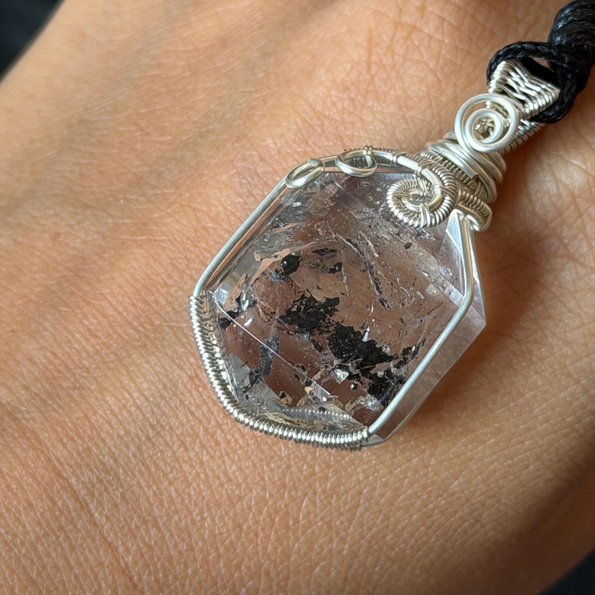 Rare Polished Enhydro Quartz (Herkimer Diamond) Wire Wrapped Pendant Adjustable Necklace: Sand Waterfall! Moving Sand & Black Bubble Inclusion Crystal | Natural Gemstone Birthstone Gift for her | Natural Gemstone Birthstone Gift for her enhydro quartz sand waterfall pendant necklace choker gemstone charm stone pendant choker polished stone pendant crystal charm birthstone men necklace chakra crystal purify stone minerals specimen adjustable choker mica quartz silver plated copper