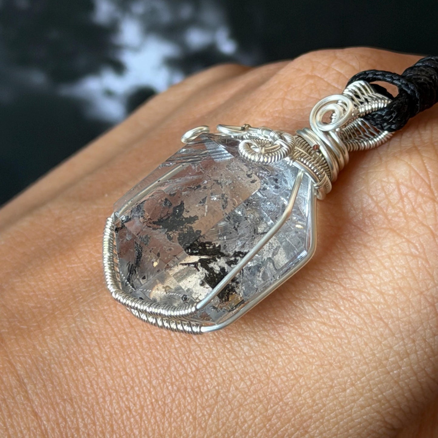 Rare Polished Enhydro Quartz (Herkimer Diamond) Wire Wrapped Pendant Adjustable Necklace: Sand Waterfall! Moving Sand & Black Bubble Inclusion Crystal | Natural Gemstone Birthstone Gift for her | Natural Gemstone Birthstone Gift for her enhydro quartz sand waterfall pendant necklace choker gemstone charm stone pendant choker polished stone pendant crystal charm birthstone men necklace chakra crystal purify stone minerals specimen adjustable choker mica quartz silver plated copper