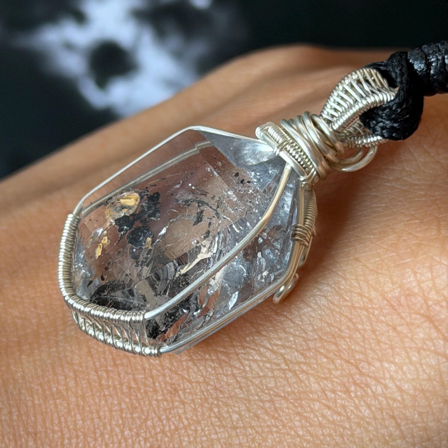 Rare Polished Enhydro Quartz (Herkimer Diamond) Wire Wrapped Pendant Adjustable Necklace: Sand Waterfall! Moving Sand & Black Bubble Inclusion Crystal | Natural Gemstone Birthstone Gift for her | Natural Gemstone Birthstone Gift for her enhydro quartz sand waterfall pendant necklace choker gemstone charm stone pendant choker polished stone pendant crystal charm birthstone men necklace chakra crystal purify stone minerals specimen adjustable choker mica quartz silver plated copper
