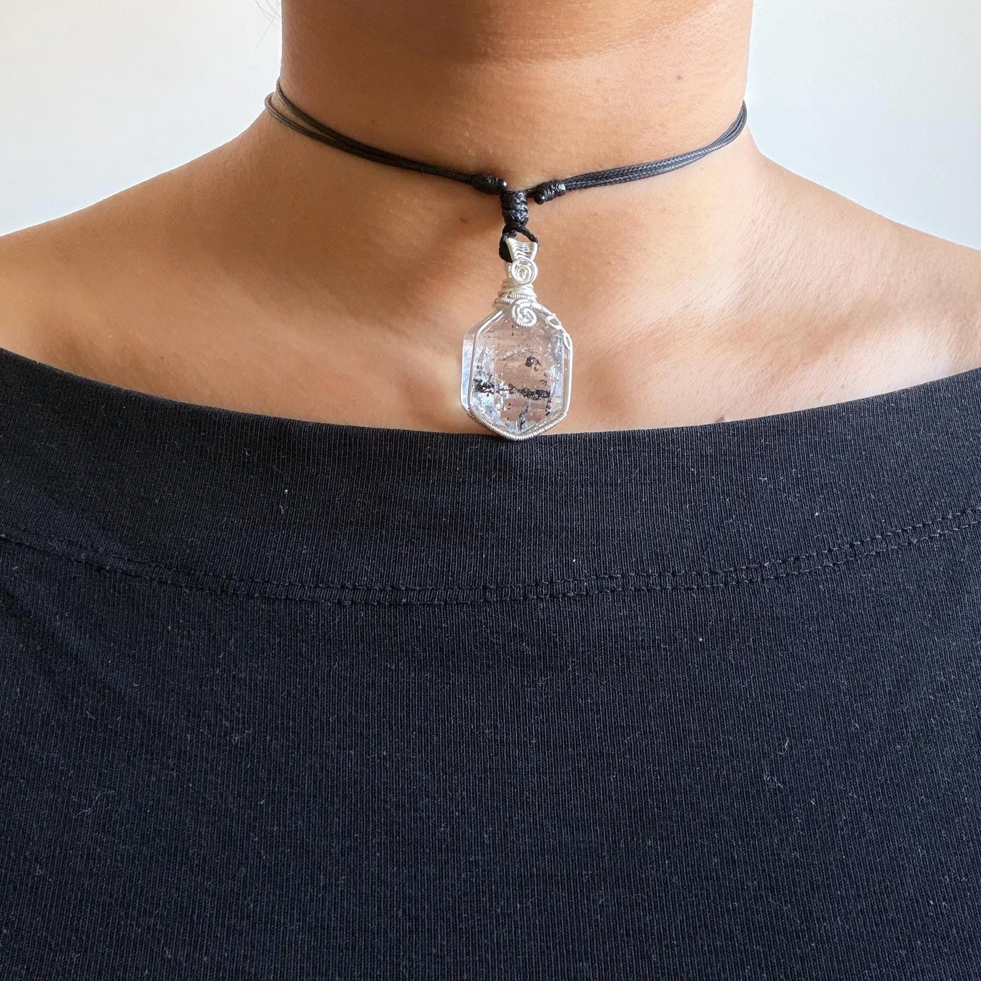 Rare Polished Enhydro Quartz (Herkimer Diamond) Wire Wrapped Pendant Adjustable Necklace: Sand Waterfall! Moving Sand & Black Bubble Inclusion Crystal | Natural Gemstone Birthstone Gift for her | Natural Gemstone Birthstone Gift for her enhydro quartz sand waterfall pendant necklace choker gemstone charm stone pendant choker polished stone pendant crystal charm birthstone men necklace chakra crystal purify stone minerals specimen adjustable choker mica quartz silver plated copper