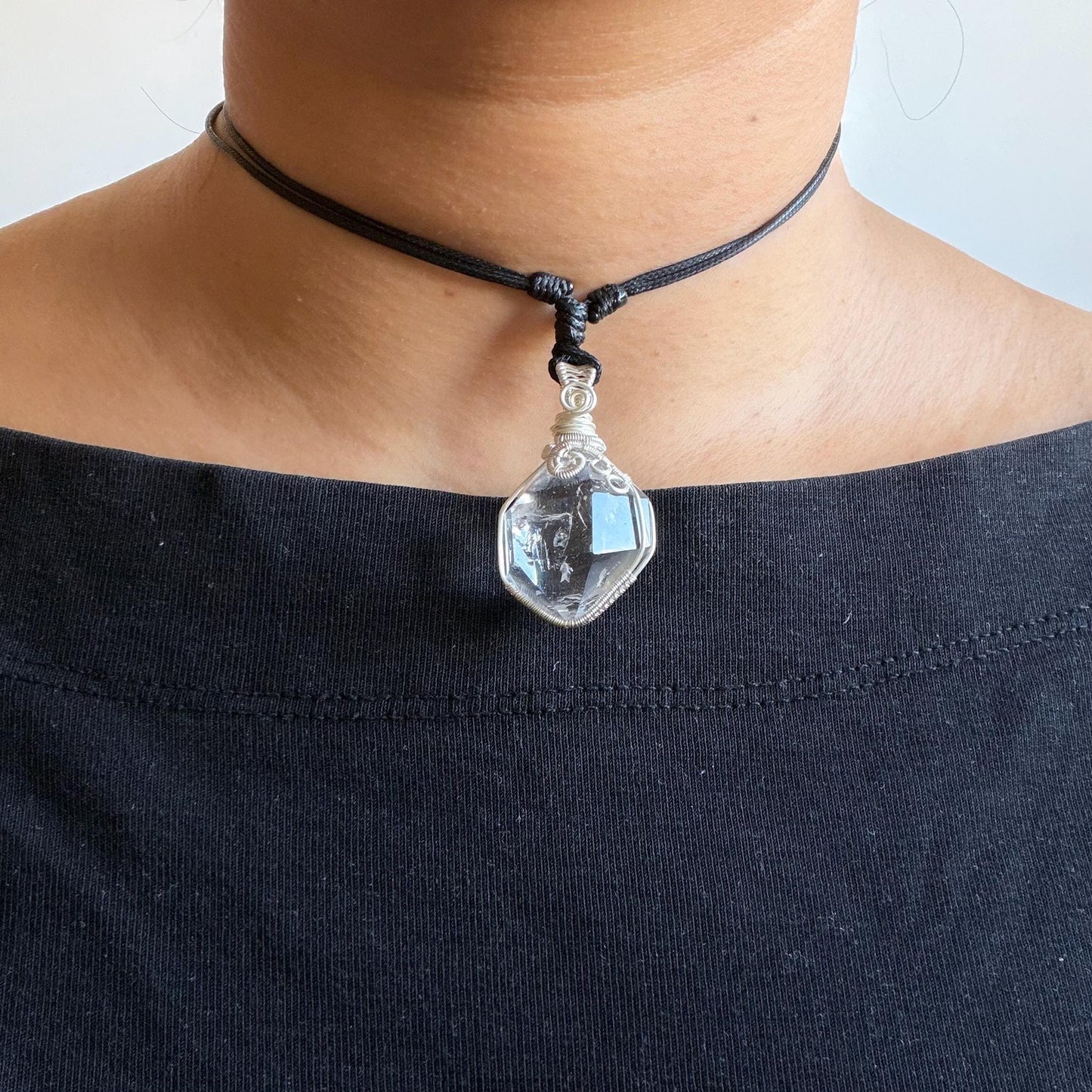 Rare Polished Enhydro Quartz (Herkimer Diamond) Wire Wrapped Pendant Adjustable Necklace | Rainbow! 2 Sites of Moving Sand & Clear Bubble Inclusion Crystal | Natural Gemstone Birthstone Gift for her Rainbow Quartz Rainbow crystal enhydro quartz sand water-fall pendant necklace choker gemstone charm stone pendant choker polished stone pendant crystal charm birthstone gift for her men necklace chakra crystal purify stone minerals specimen adjustable choker silver wire wrapped pendant