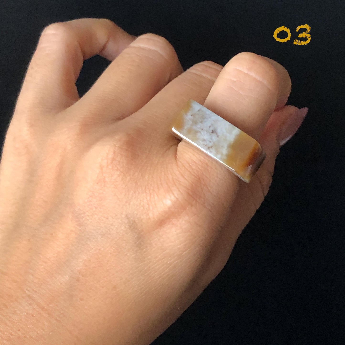 Nephrite Jade Toffee Candy Wide Band Ring US 6.5-8.25: Untreated Natural White Brown Jade Women Statement Ring Thumb Ring