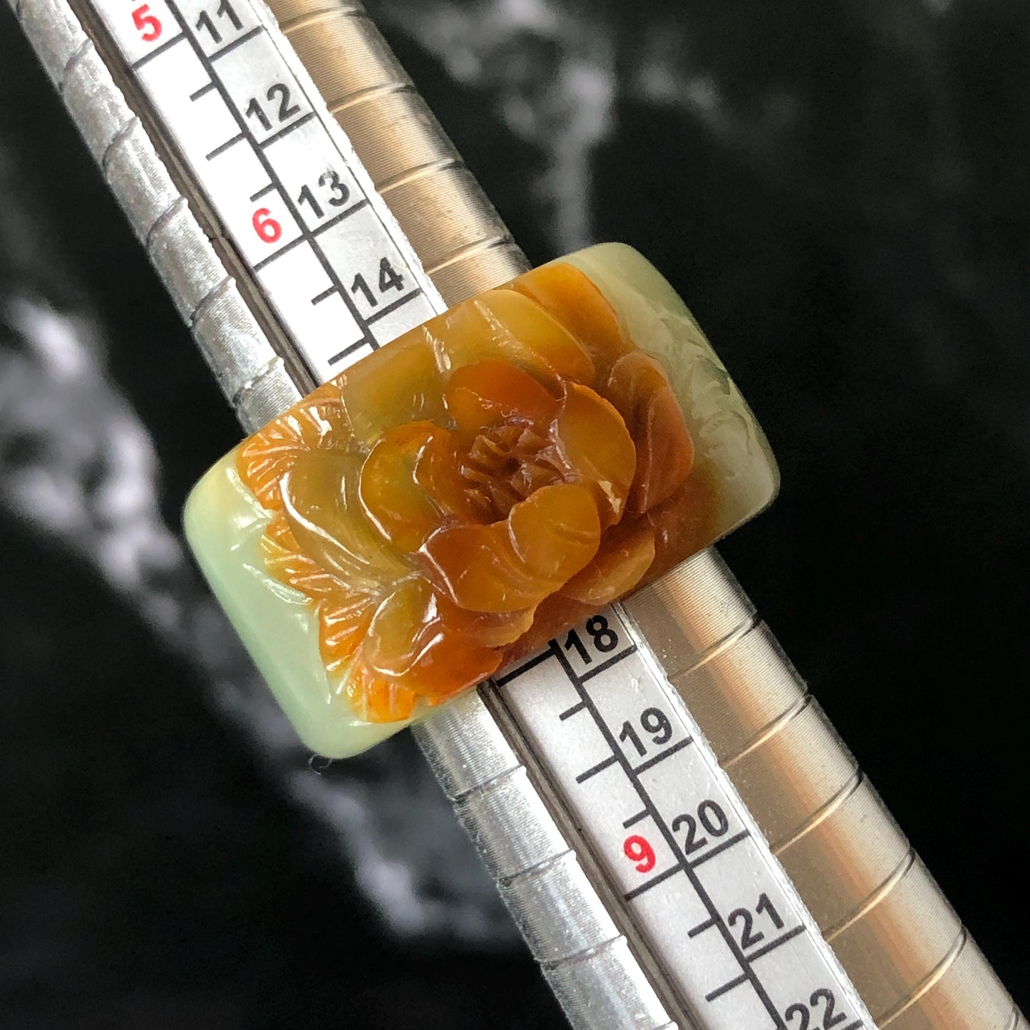 Xiu Jade Serpentine Hand Carved Peony Flower Statement Ring 18.2mm (US 7.75): Natural Brown & Green Jade 3D Flower Carving Stone Thumb Ring Band Ring gift for her brown jade carving green jade peony carving hand engraved statement ring flower carving hand carved flower natural untreated jade handcrafted jade ring