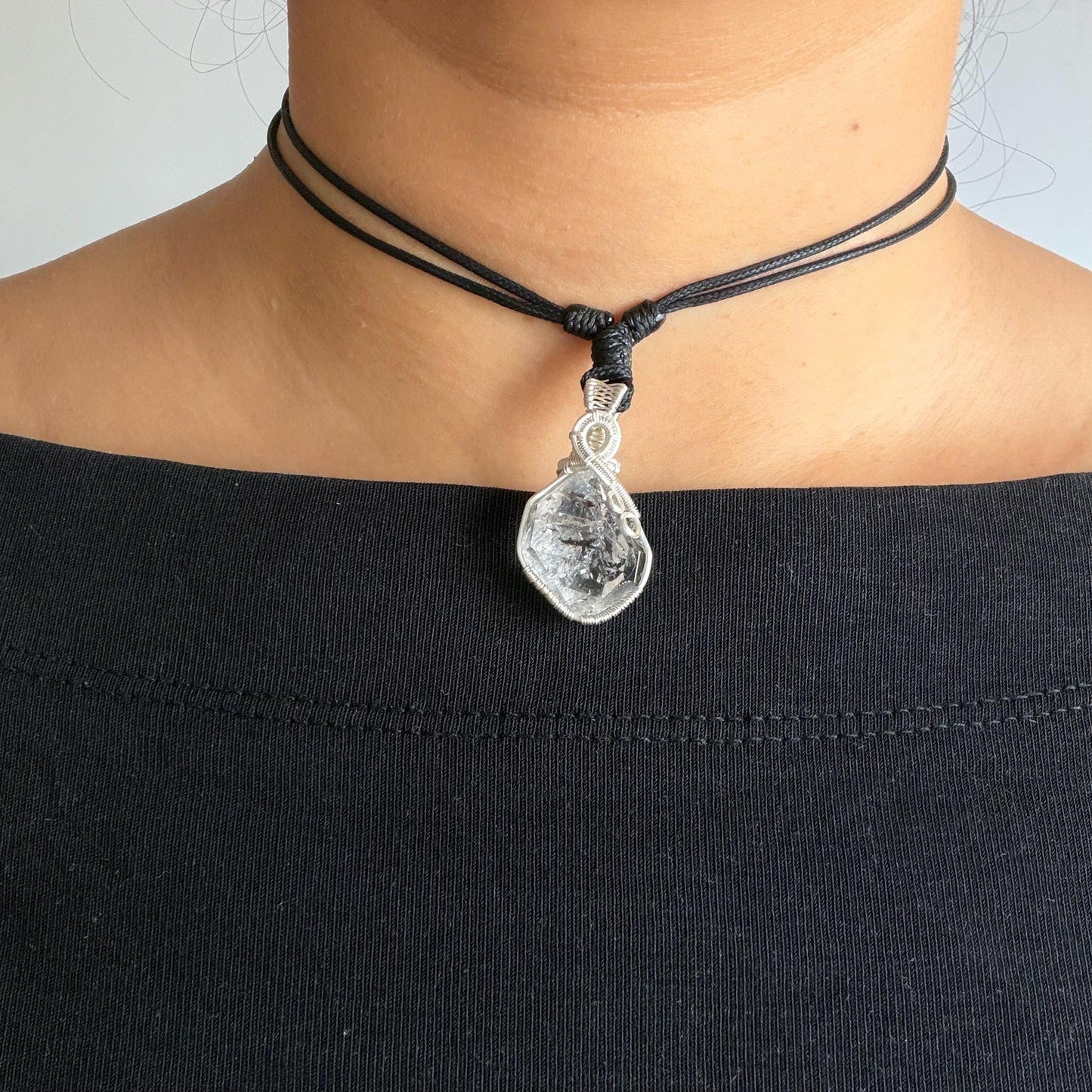 Rare Polished Enhydro Quartz (Herkimer Diamond) Wire Wrapped Pendant Adjustable Necklace | Moving Sand & Clear Bubble Inclusion Crystal | Natural Gemstone Birthstone Gift for her enhydro quartz sand water-fall pendant necklace choker gemstone charm stone pendant choker polished stone pendant crystal charm birthstone gift for her men necklace chakra crystal purify stone minerals specimen adjustable choker mica quartz mica flakes silver wire wrapped pendant