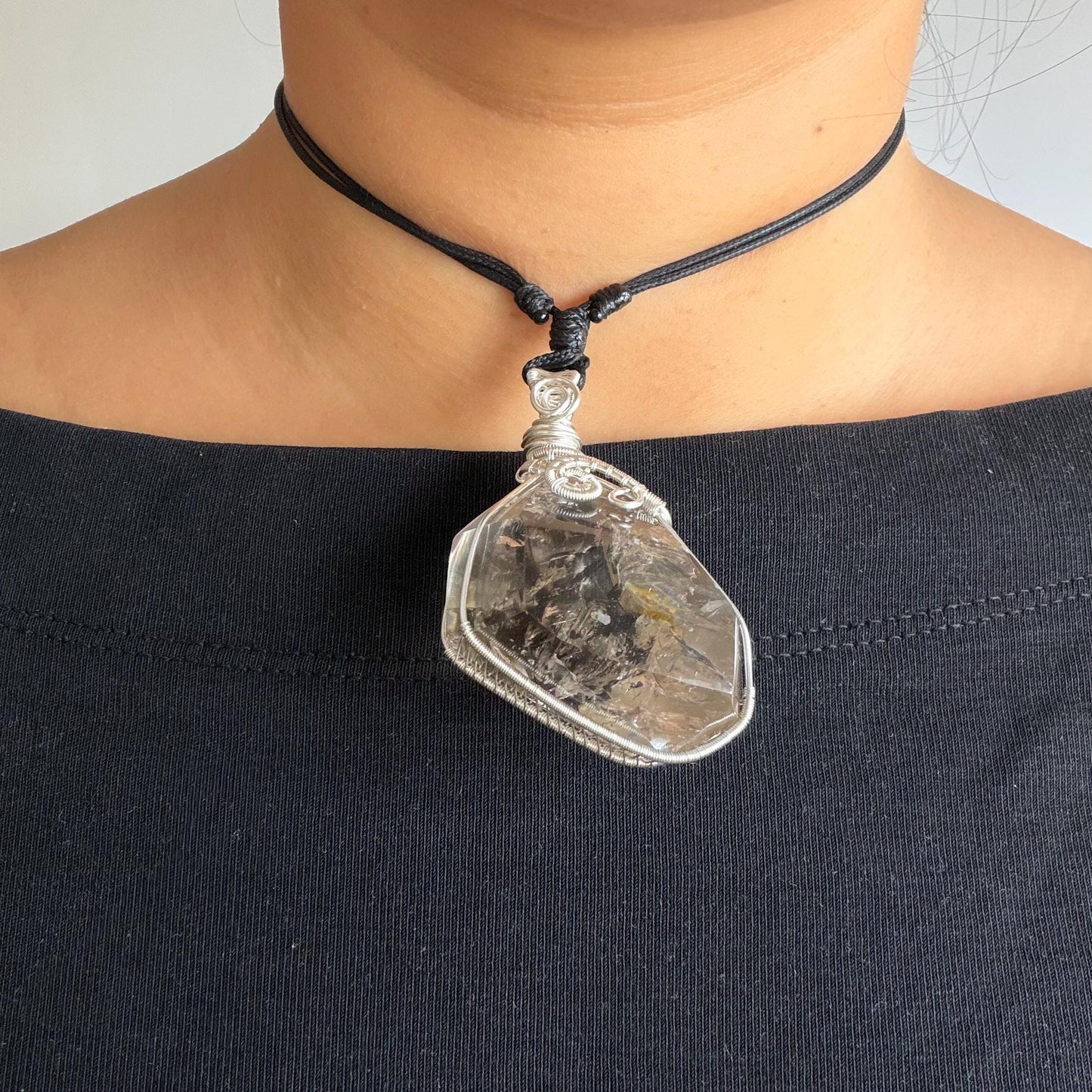 Polished Smoky Enhydro Quartz (Herkimer Diamond) Wrapped Wire Pendant Adjustable Necklace: Rare Moving Yellow Sand & Bubble Inclusion Crystal | Natural Gemstone Birthstone Gift for her enhydro quartz sand water-fall pendant necklace choker gemstone charm stone pendant choker polished stone pendant crystal charm birthstone gift men necklace chakra crystal purify stone minerals specimen adjustable choker mica quartz mica flakes silver wire wrapped pendant yellow hematoid