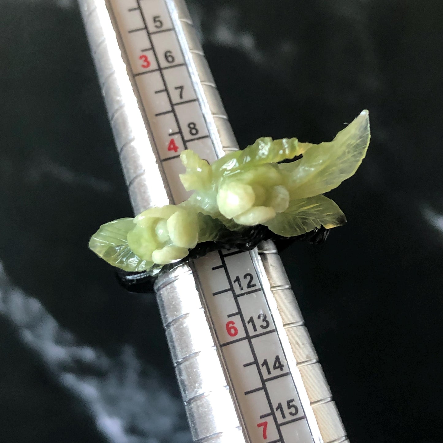 Xiu Jade (Serpentine) Hand Carved Blooming Jasmine Flower Ring 16mm (US 5-5.25): Natural Black Green White Jade Statement Ring Band Ring gift for her black jade carving green jade white jade multi colour jade flower carving jasmine carving hand engraved statement ring hand carved flower natural untreated jade handcrafted jade ring 3D carving Stone carving Gemstone Carving flower Lover gift jade cocktail ring jade band ring