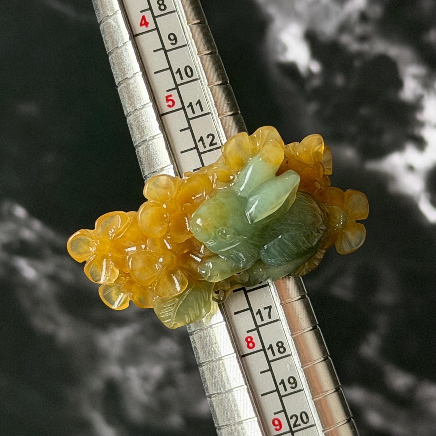 Xiu Jade (Serpentine) Hand Carved Rabbit & Flower Statement Ring 17.7mm (US 7-7.25): Natural Green Yellow Jade 3D stone carving Statement Ring Band Ring gift for her green jade carving yellow jade bi colour jade rabbit carving hand engraved statement ring flower carving hand carved flower natural untreated jade handcrafted jade ring 3D carving Stone carving Gemstone Carving rabbit Lover gift jade cocktail ring jade band ring bunny ring bunny carving