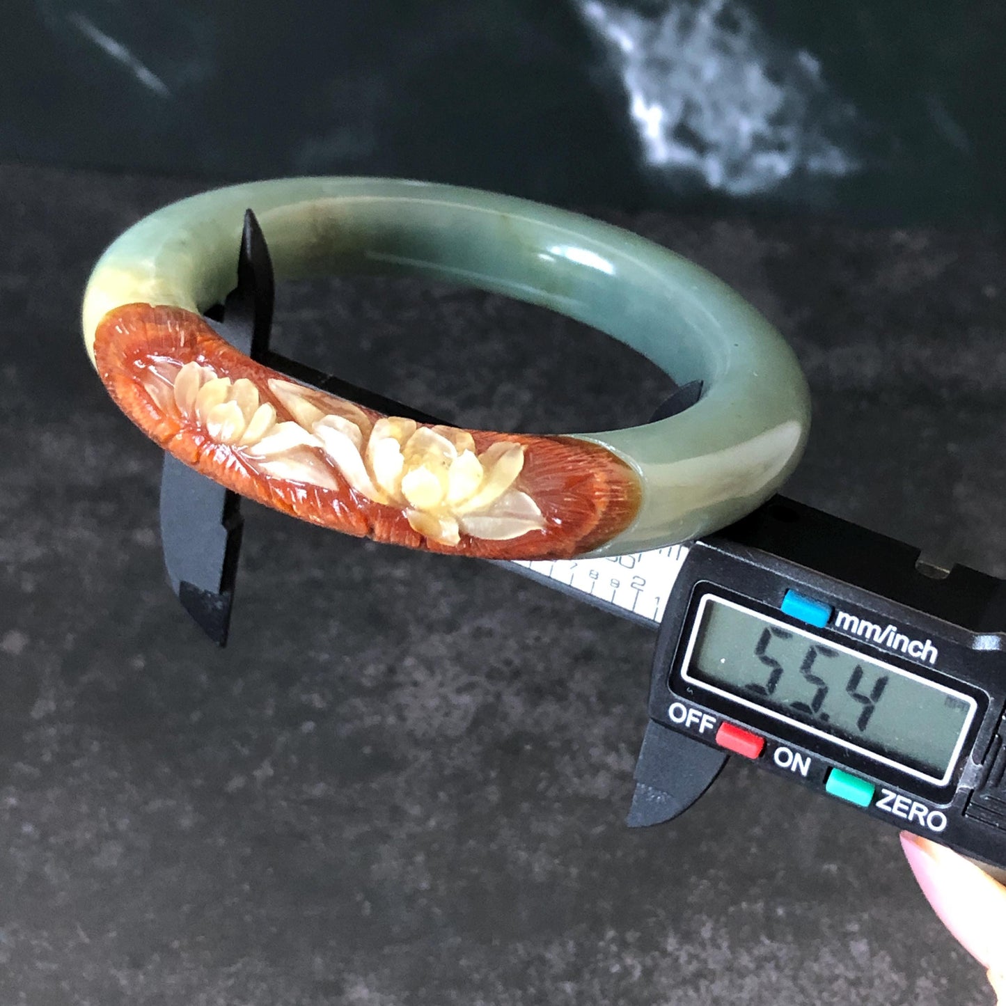 55.4mm Xiu Jade Serpentine Hand Carved Lotus Flower Bangle: Natural Green Brown White Jade Handcrafted Bracelet, Stone Carving Gemstone Jewelry Gift for her wide jade bangle jade carving hand engraved stone carving natural untreated jade bracelet black jade white jade black jade brown jade handcraft jade lotus carving flower carving chinese jade vintage bangle antique bracelet sesame bracelet multi colour jade