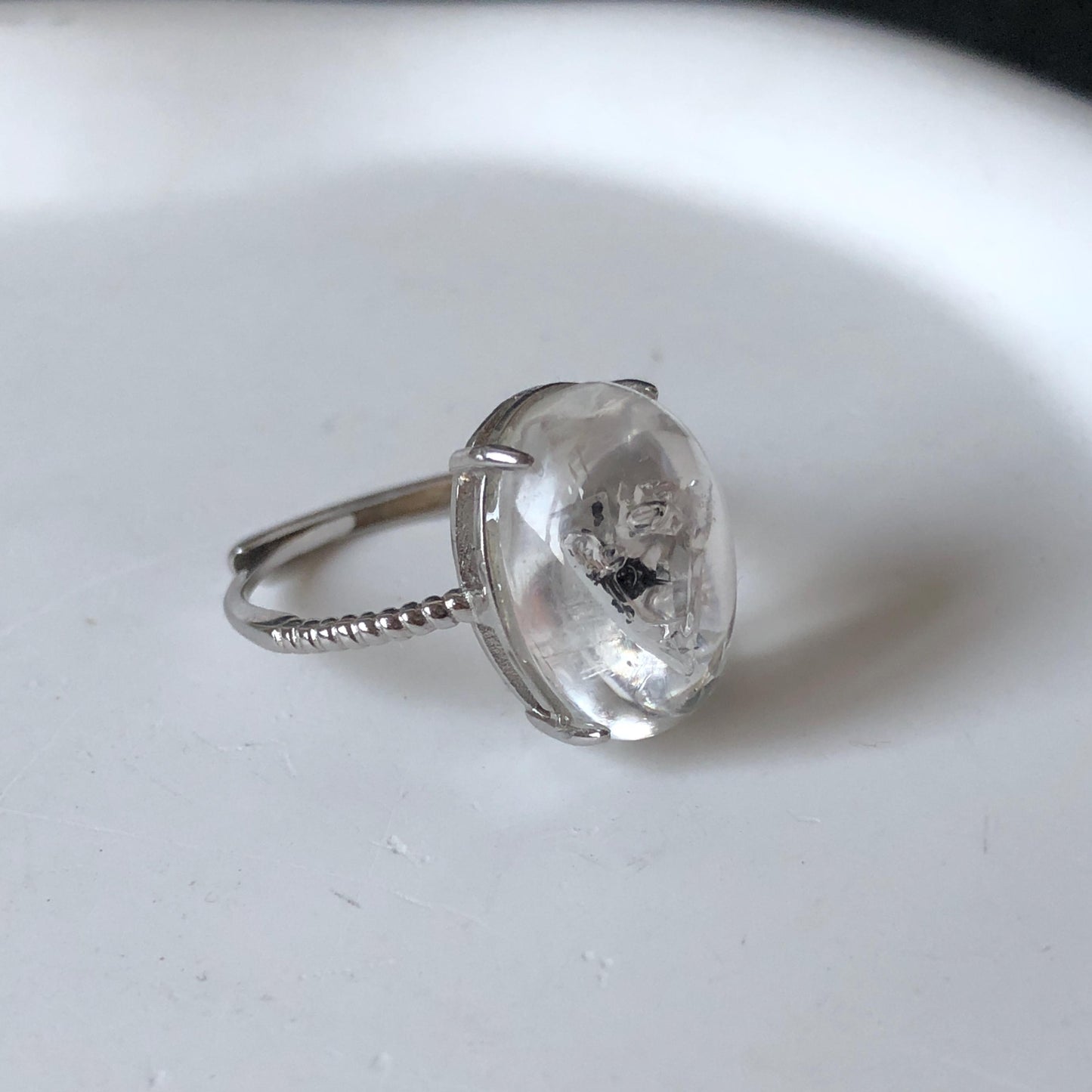 Rare Polished Enhydro Quartz (Herkimer Diamond) S925 Silver Adjustable Ring: Mild Rainbow Moving Black Tourmaline & Still Bubble Inclusion Crystal Statement Ring for Women ring crystal band ring crystal cocktail ring crystal stackable ring 7 chakra crystal ring meditation crystal healing stone birthstone silver ring ring for men rainbow quartz minerals specimen inclusion quartz