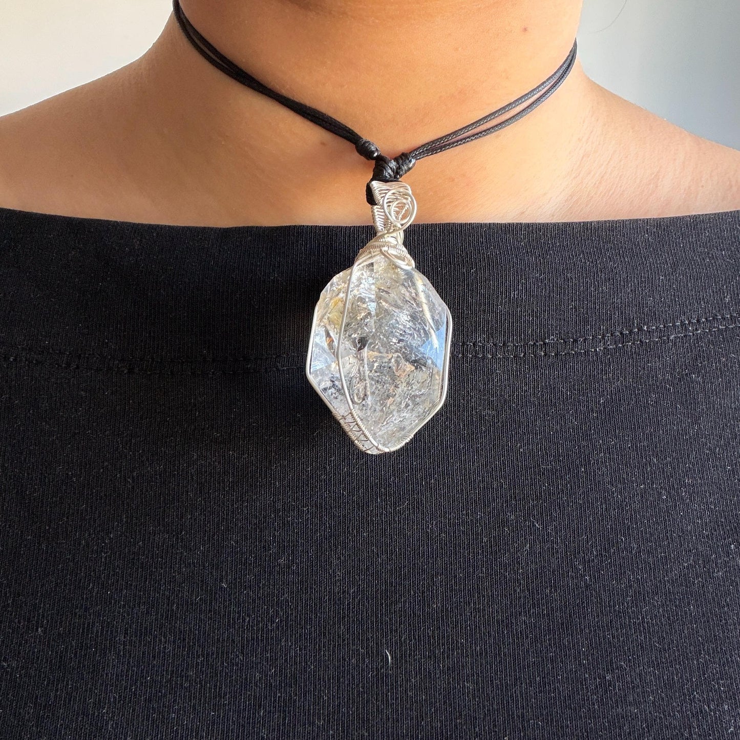 Polished Enhydro Quartz (Herkimer Diamond) Wire Wrapped Pendant Adjustable Necklace: Rainbow! Moving Ink-like Sand Waterfall, Shifting Big Bubble and Yellow Hematoid Inclusion Crystal | Natural Gemstone Birthstone Gift for her men necklace chakra crystal purify stone minerals specimen adjustable choker silver pendant inclusion crystal inclusion quartz jewelry rainbow quartz choker necklace enhydro crystal S925 silver pendant minerals specimen yellow hematoid inclusion