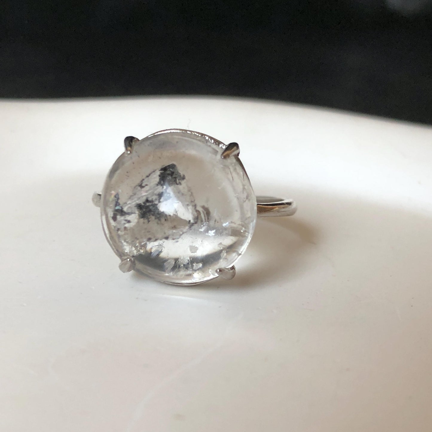 Rare Polished Enhydro Quartz (Herkimer Diamond) S925 Silver Adjustable Ring: Rainbow! Moving Sand & Black Bubble Statement Ring for Women ring crystal band ring crystal cocktail ring crystal stackable ring 7 chakra crystal ring meditation crystal healing stone birthstone silver ring ring for men rainbow quartz inclusion quartz inclusion crystal minerals specimen silver ring free size ring adjustable ring holder