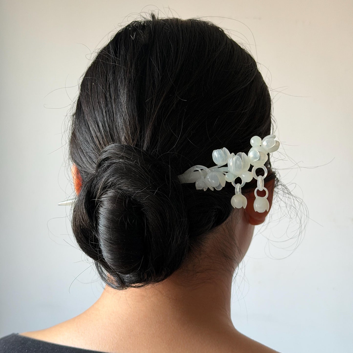 Xiu Jade Serpentine Hand carved Lily of Valley Hair Stick with Dangle: Ice White Jade Handcrafted Hair Pin | Vintage Chinese Hair Fork with Certificate Bridal Wedding Headpiece Gift for her japanese hairpin korean hair stick chinese hair comb asian hair fork moon hair stick hair pins with dangle ice white jade carving Peony carving flower carving natural untreated jade with certificate bridal shower gift wedding hair accessory hair jewelry 3D stone carving