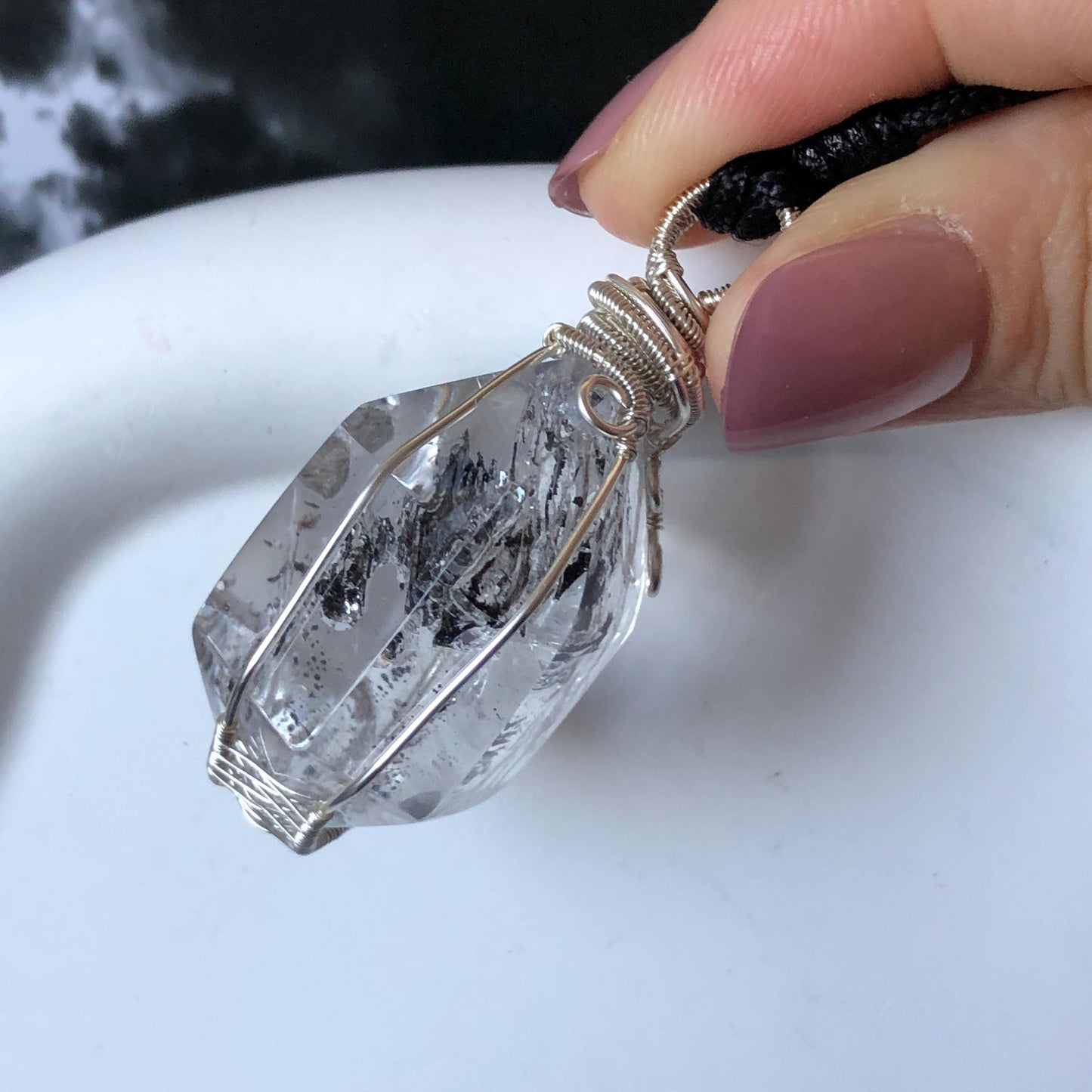 Polished Enhydro Quartz (Herkimer Diamond) Wire Wrapped Pendant Adjustable Necklace: Rainbow Shifting Big Bubble and Moving Sand Waterfall Inclusion Crystal | Natural Gemstone Birthstone Gift for her men necklace chakra crystal purify stone minerals specimen adjustable choker silver pendant inclusion crystal inclusion quartz jewelry rainbow quartz choker necklace enhydro crystal S925 silver pendant minerals specimen
