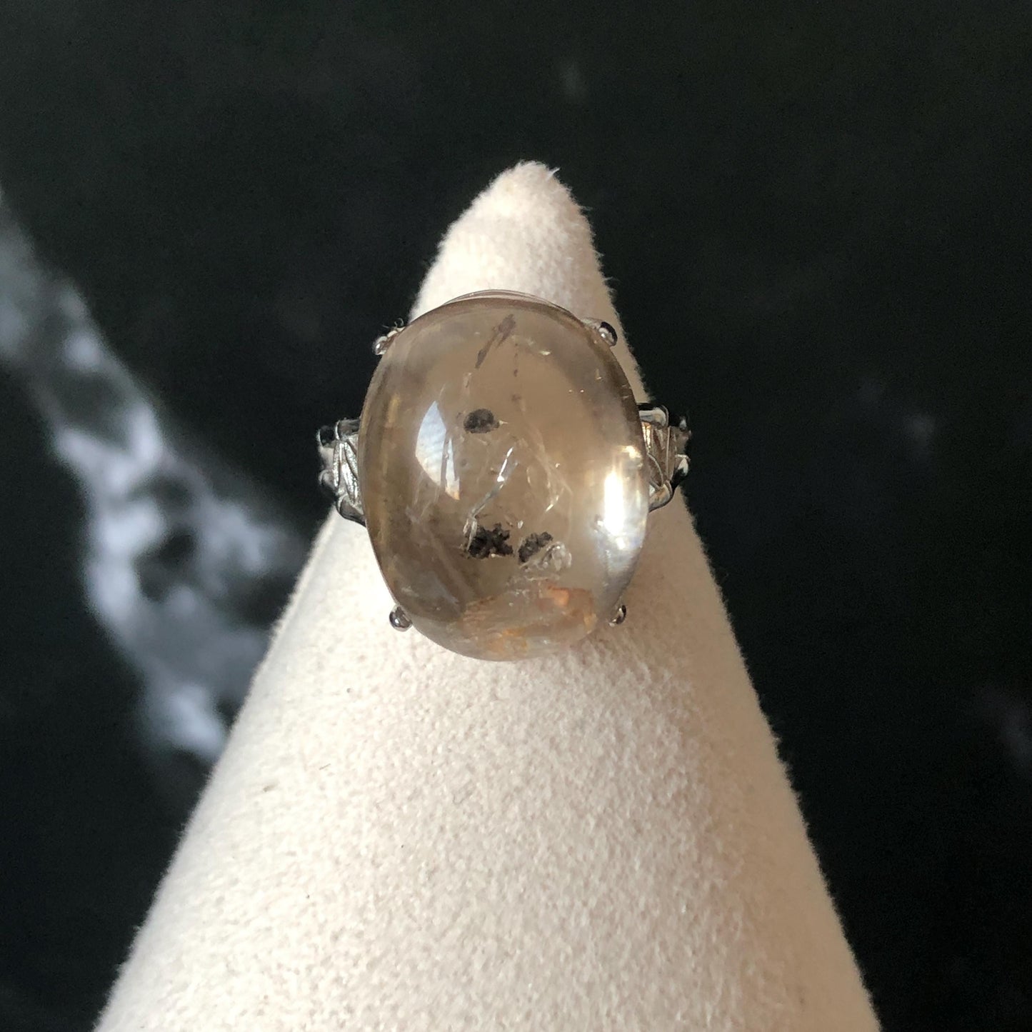 Polished Smoky Enhydro Quartz (Herkimer Diamond) S925 Silver Adjustable Ring: Mild Rainbow Moving Sand, Black Bubble, yellow clay Inclusion