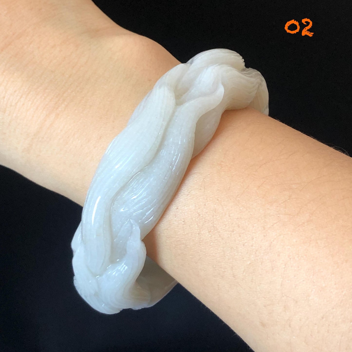57-60mm Quartzite (She Taicui jade) Hand Carved Nine-tailed Fox Flower Stone Bangle: Natural Handcrafted Milky Coral Sands White Bracelet