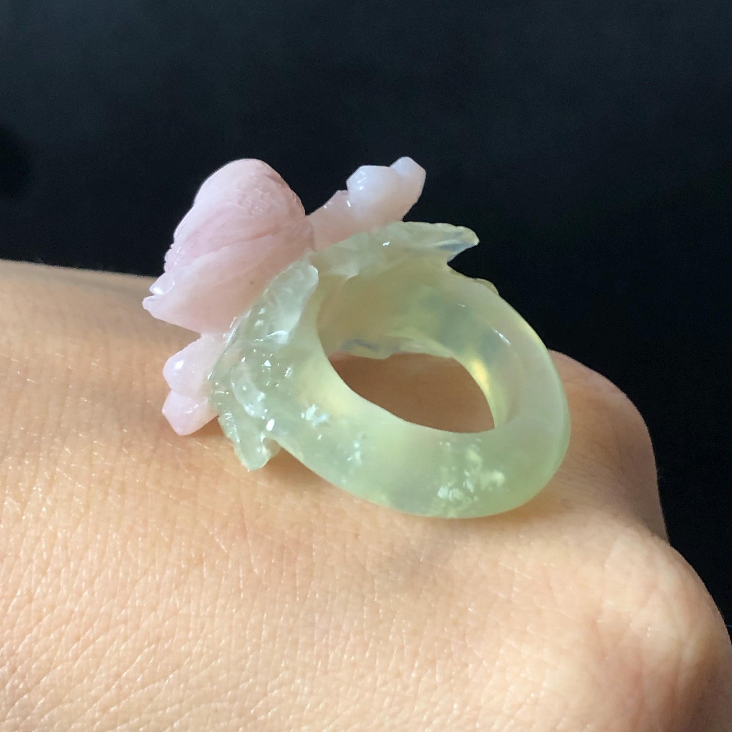 Custom Size! Xiu Jade Serpentine Hand Carved Pink Bird Flower Statement Ring: Green & Pink Jade Handcrafted 3D Stone Carving Ring for her yellow jade green jade carving pink jade carbonate jade ring hand carved jade band ring bird carving flower carving natural jade band ring cocktail ring for women make to order ring big size ring small size ring personalized ring customised ring flower ring bird carving bird lover gift 3D stone carving