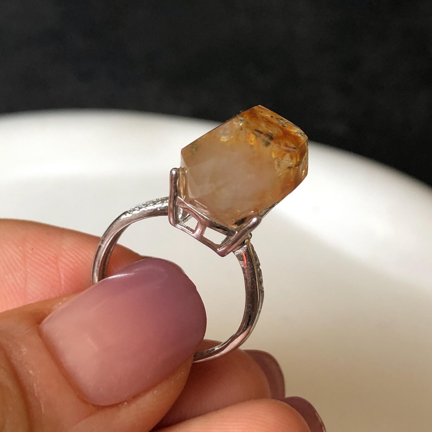 Polished Petroleum Enhydro Quartz S925 Silver Adjustable Ring: Clear Bubble in Golden Red Petroleum Oil Inclusion | Natural Gemstone Birthstone Gift for her golden red oil enhydro quartz cocktail ring for women bold ring for men meditation rock healing stone chakra crystal big size ring crystal band ring herkimer diamond silver ring stackable ring women statement ring minerals specimen inclusion quartz inclusion crystal cocktail ring stackable ring